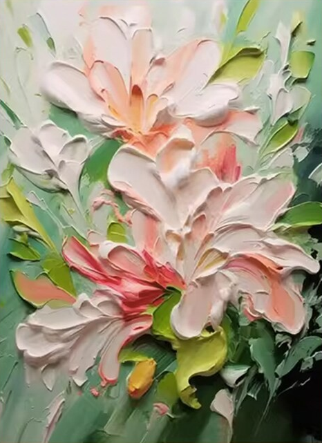 Textured Bloom: 3D Impasto Flower Art, Pink Green Palette #BGA 122