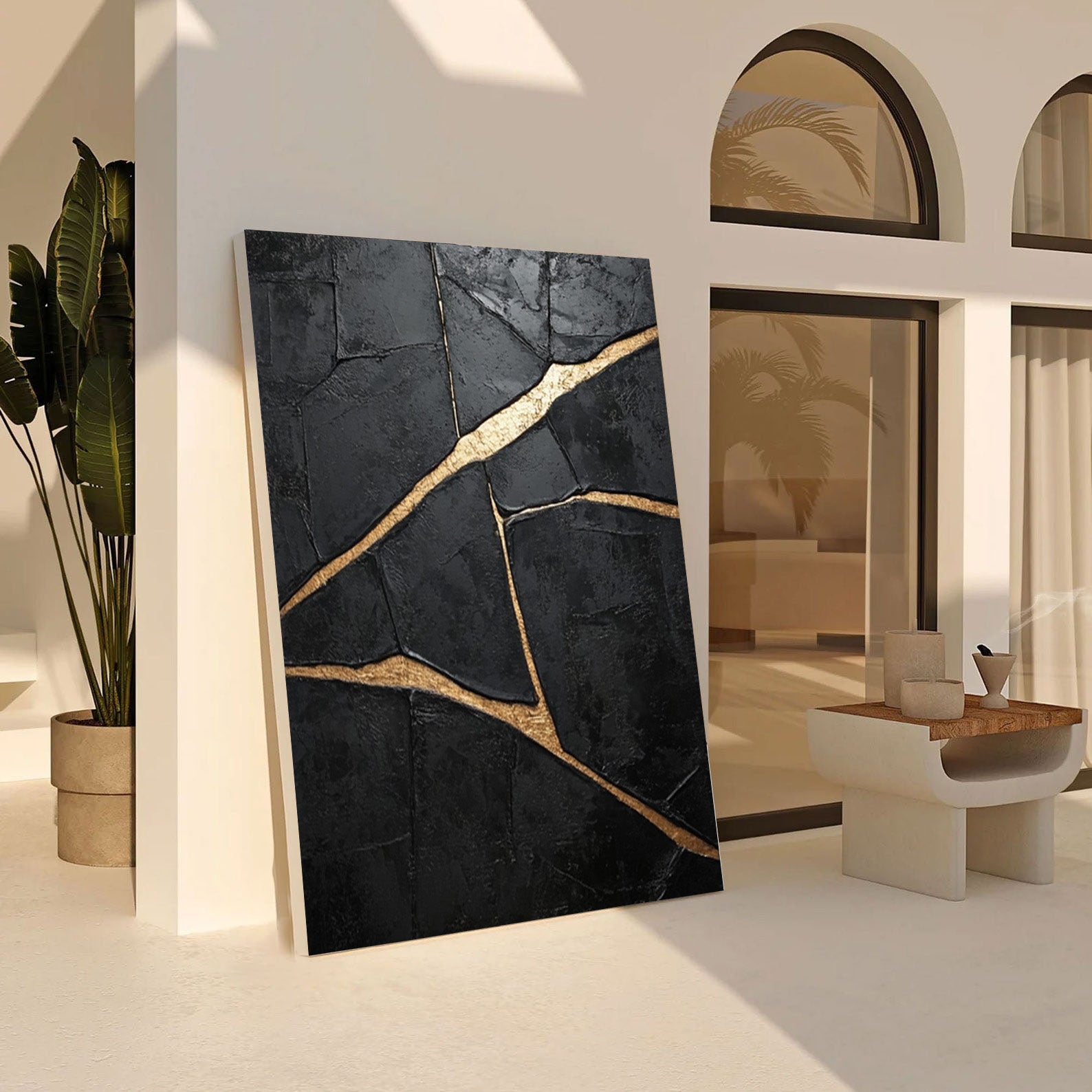 Heavily Textured Black Art with Gold Seams, Modern Canvas #BGA 183