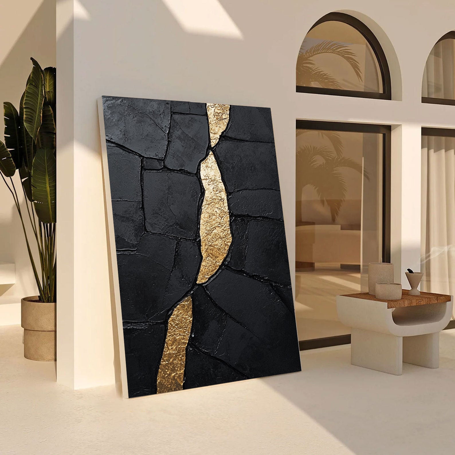 Black Impasto Canvas with Striking Vertical Organic Gold Shape #BGA 191