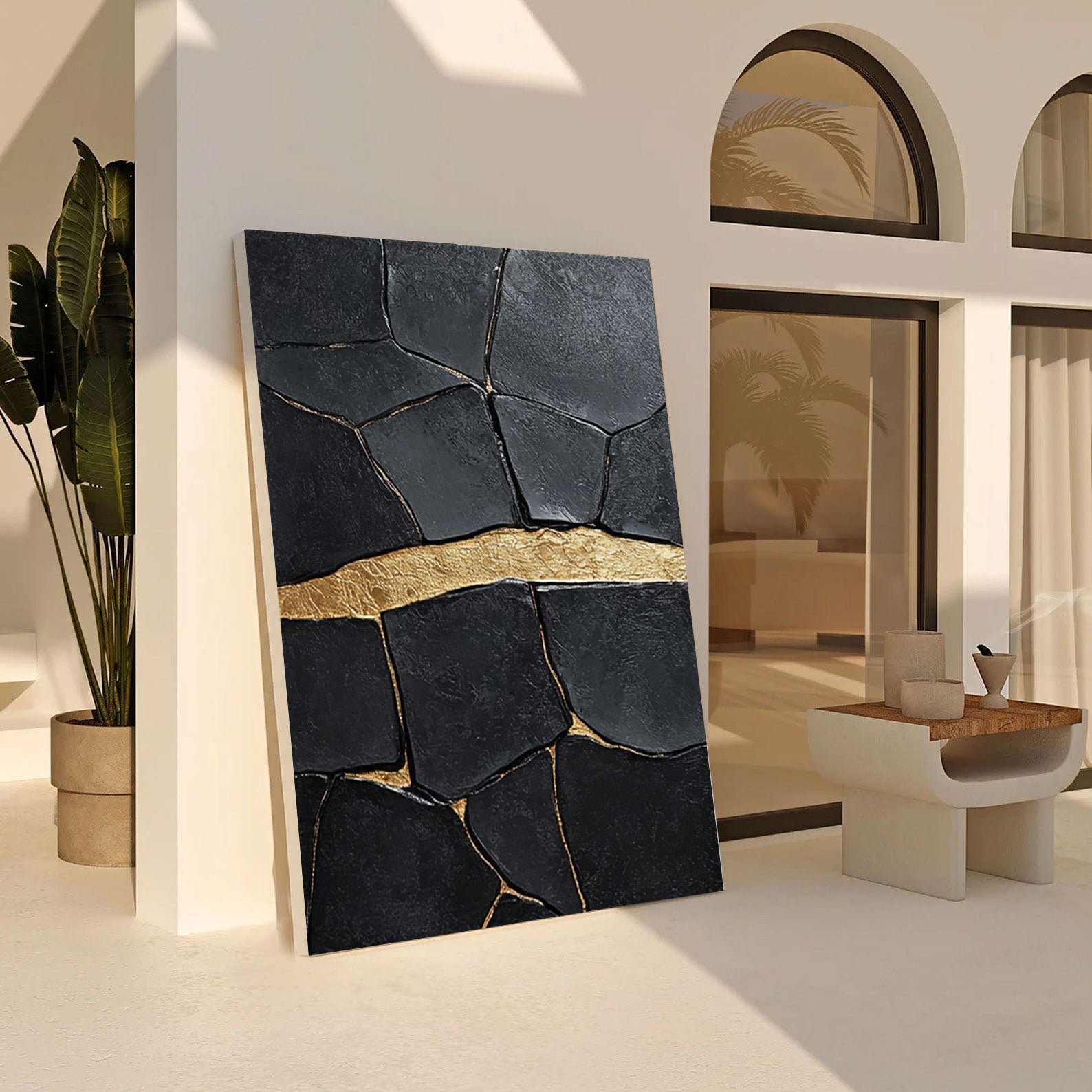 Black Impasto Art with a Bold Golden Fault, Textured Abstract #BGA 184