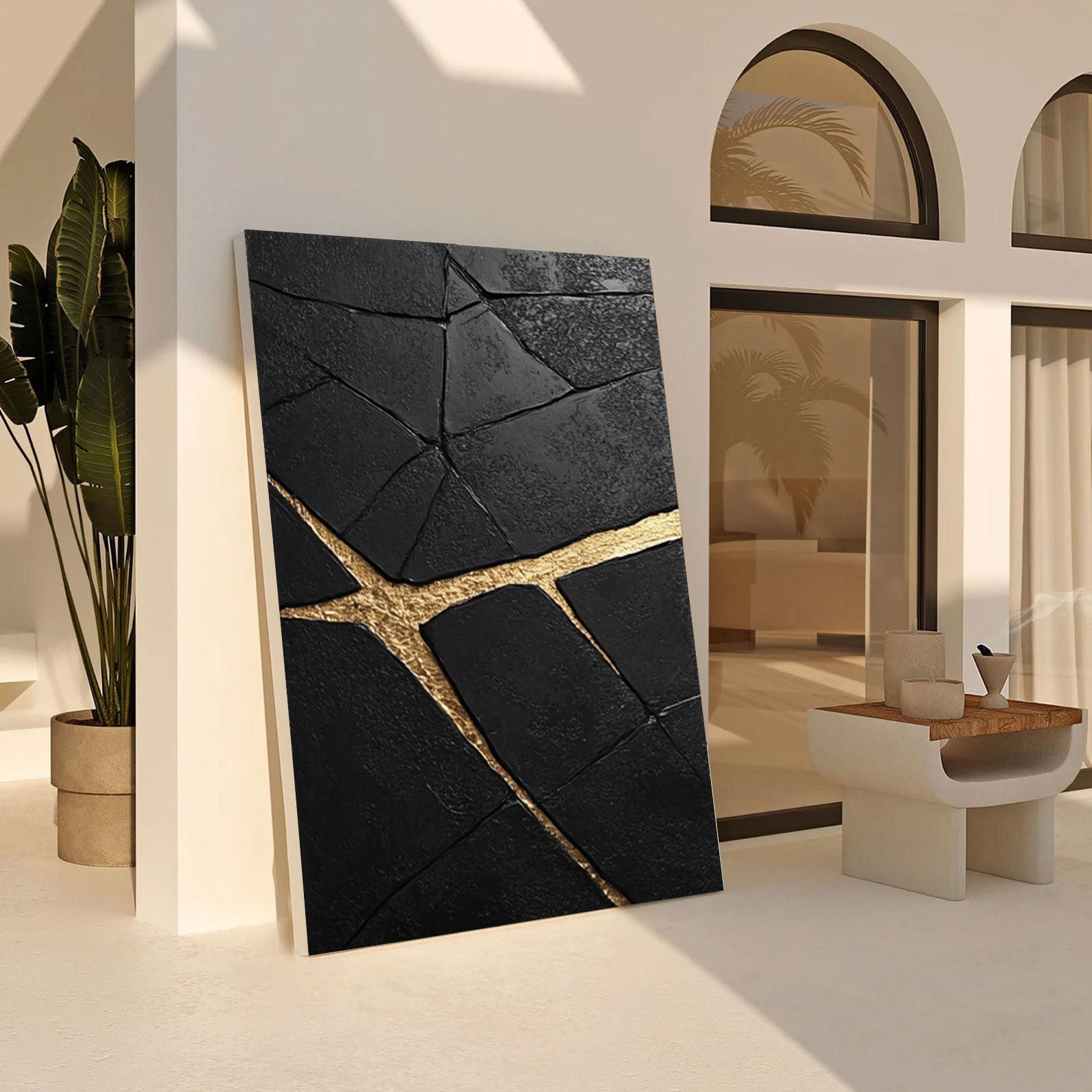 Modern Abstract with Deeply Textured Black and Gold Rivers #BGA 182