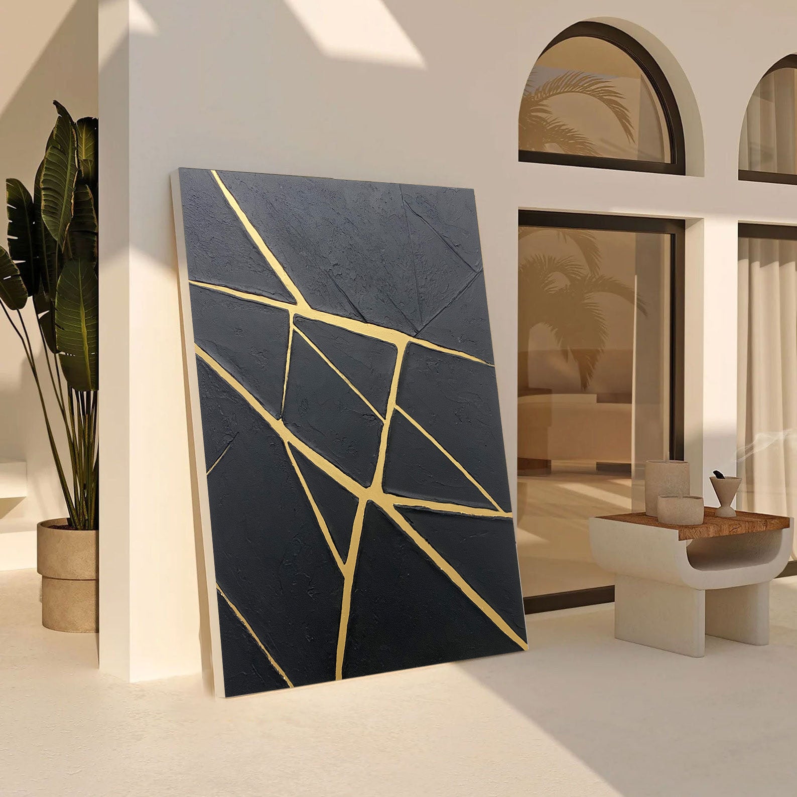 Modern Canvas with Textured Black and Geometric Gold Veins #BGA 195