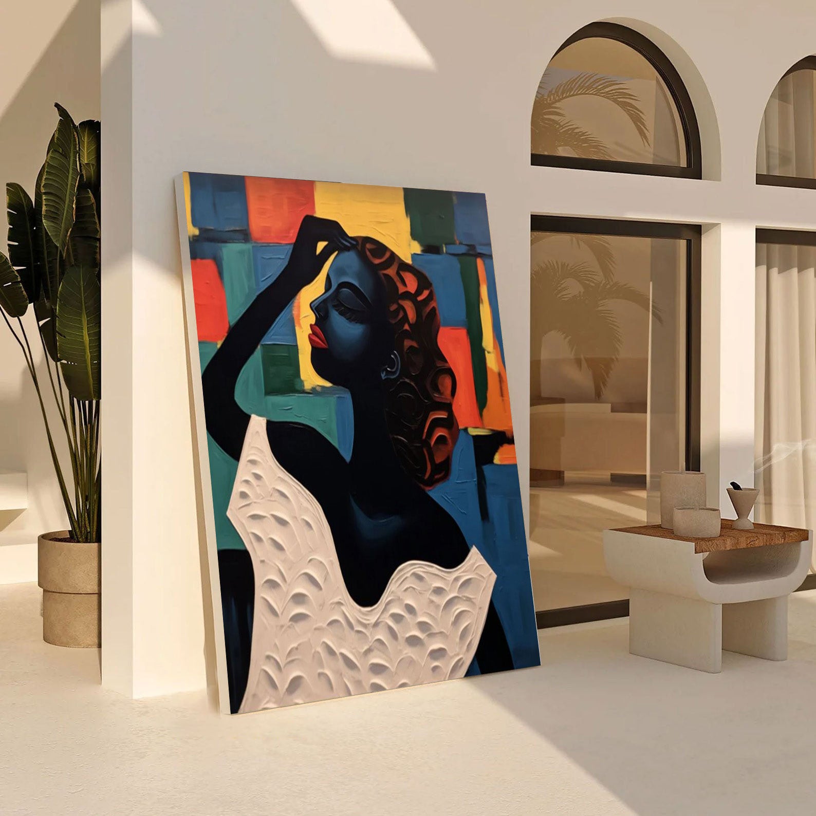 Elegant Portrait with Abstract Geometric Panels, Modern Art #BGA 175