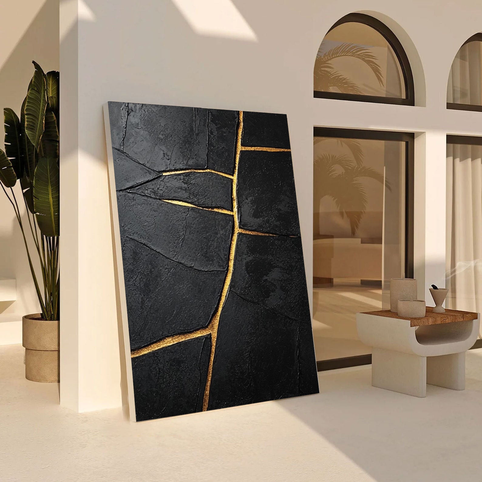 Modern Abstract with Deeply Textured Black and Gold Lines #BGA 186