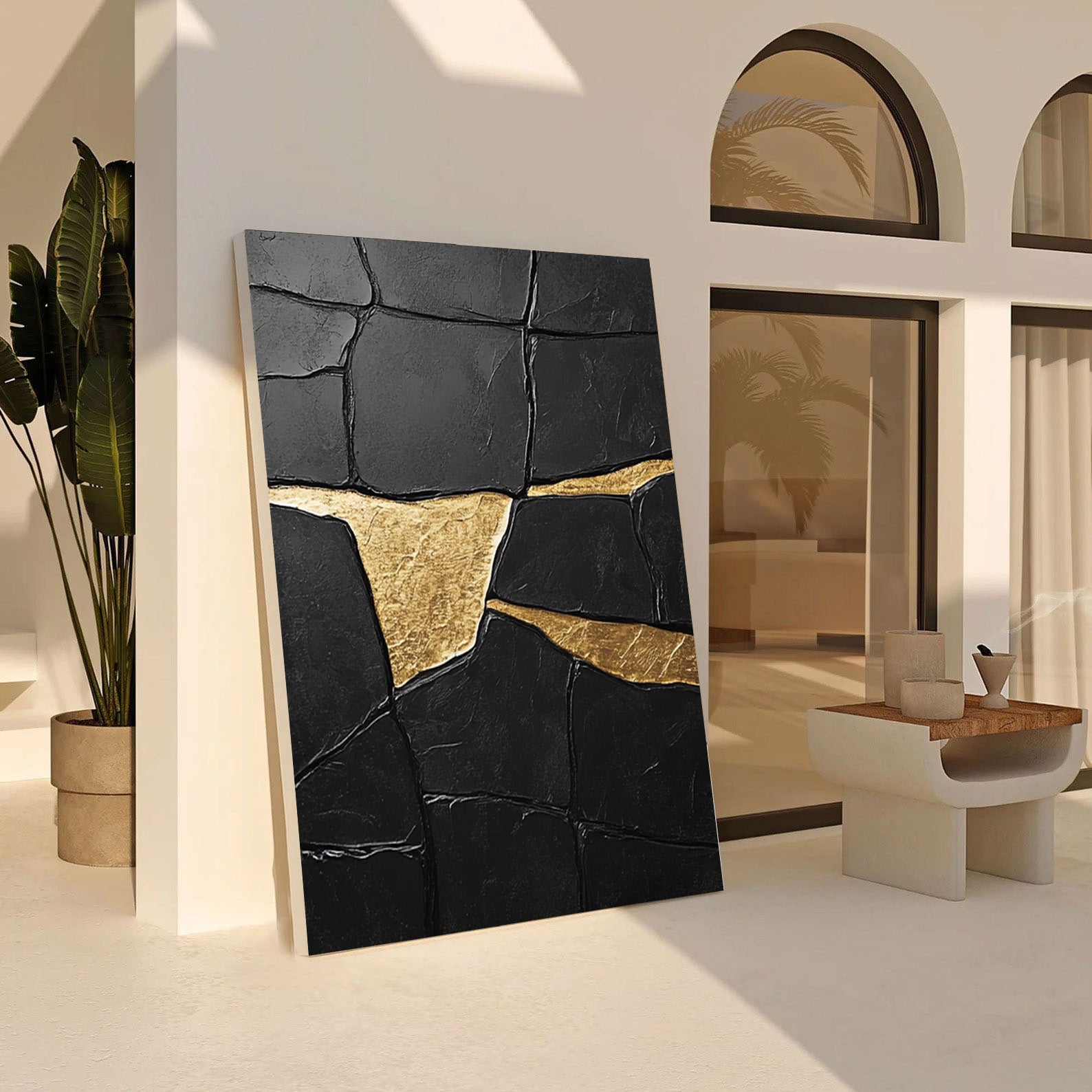 Textured Black Abstract with Irregular Gold Veins, Modern Art #BGA 185