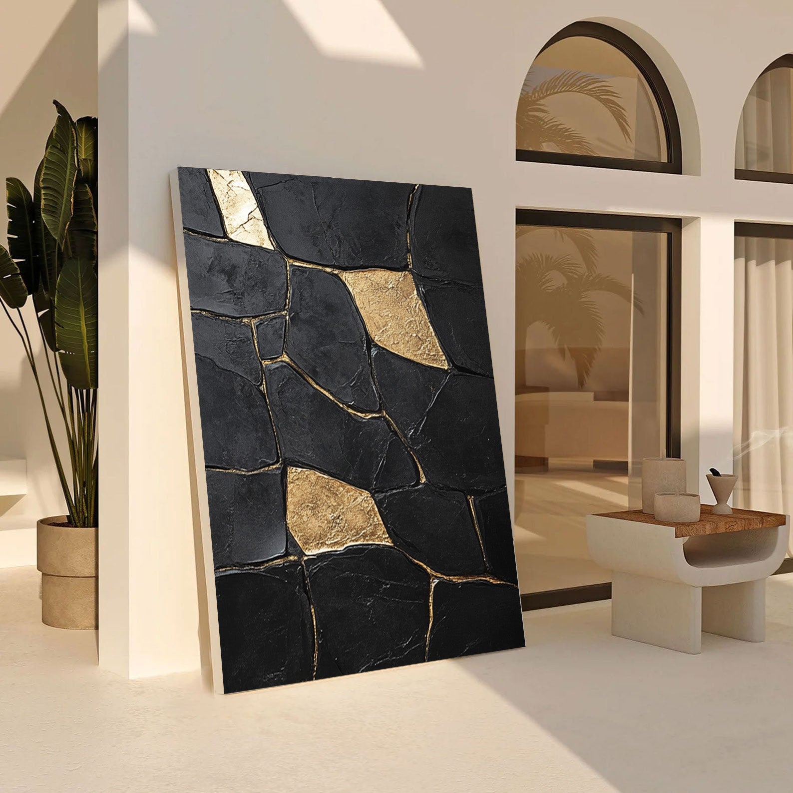 Large Black Impasto Art with Bold Geometric Gold Wall Decor #BGA 188