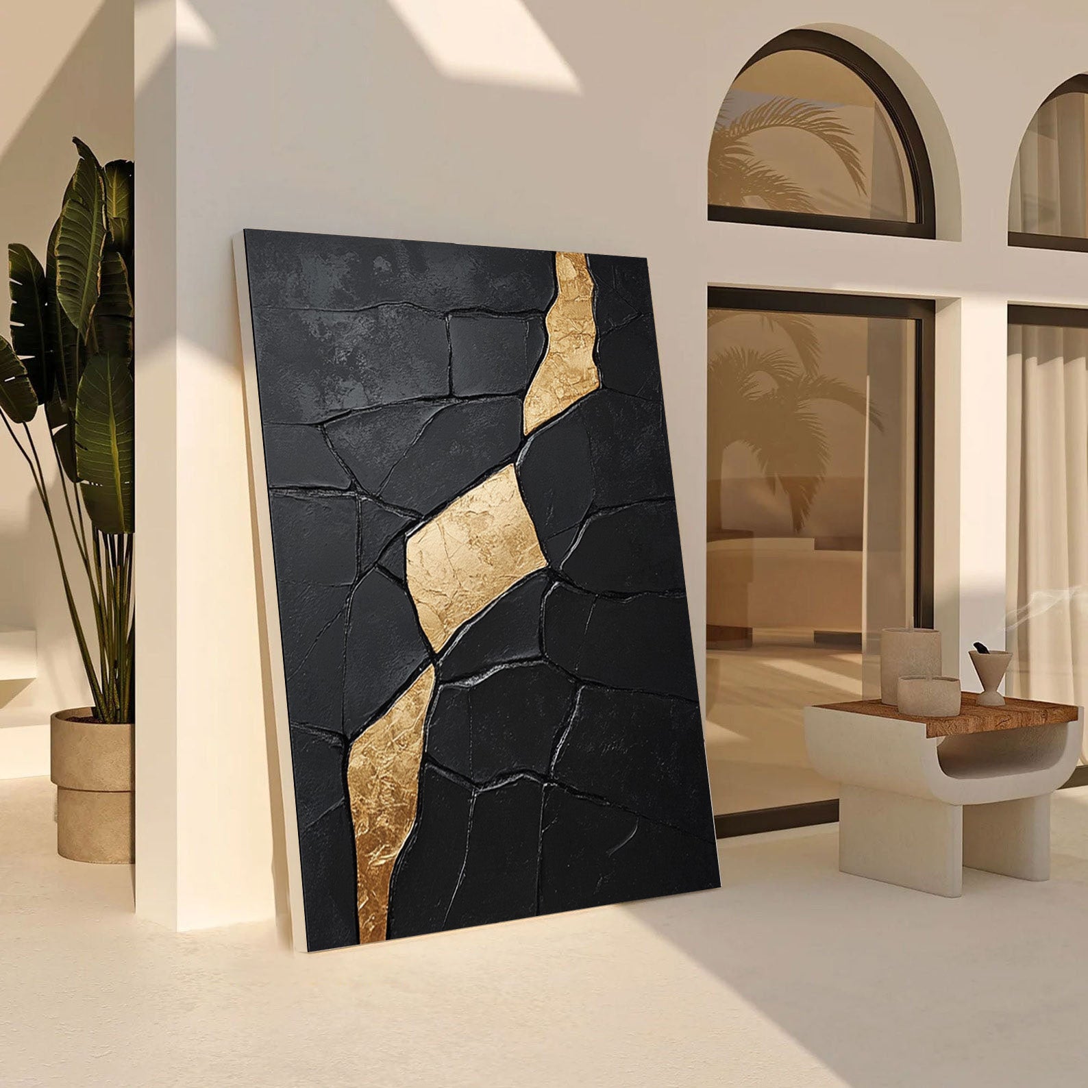 Large Textured Black Abstract with Diagonal Gold Divide #BGA 192