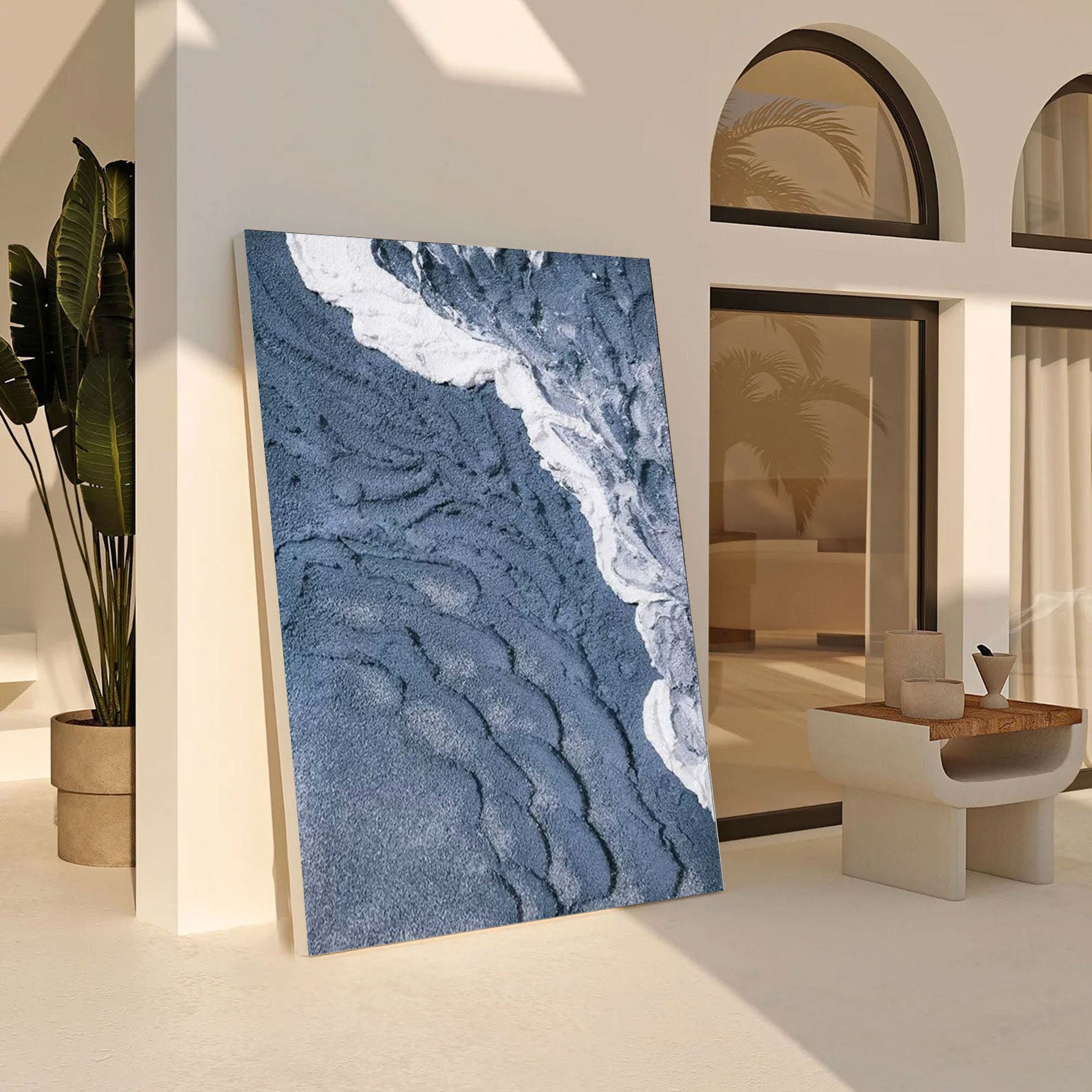 3D Textured Aerial Seascape, Minimalist Blue and White Art #BGA 164