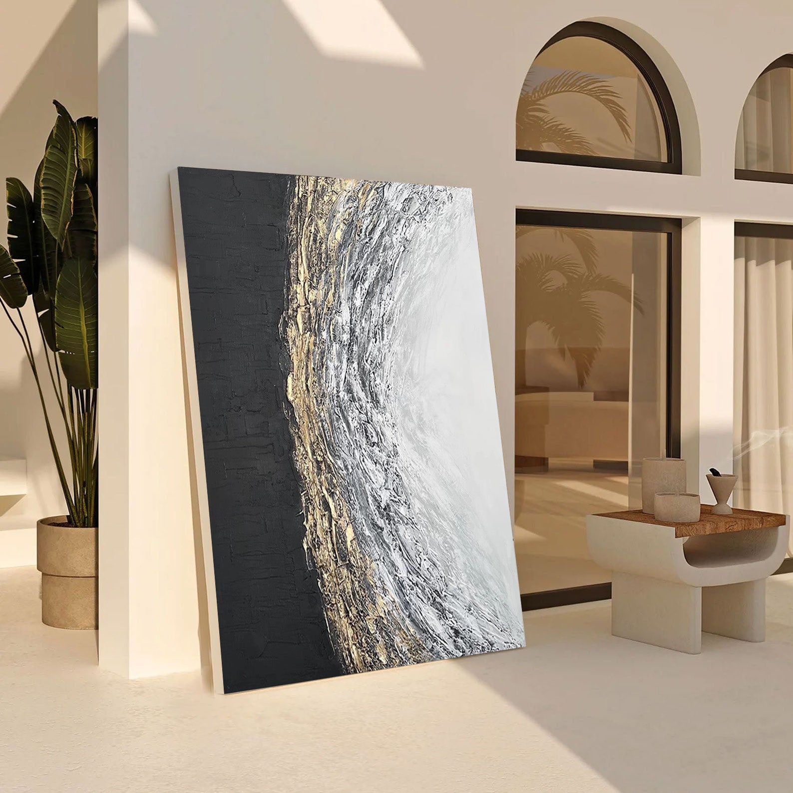 Lunar Divide: Abstract Textured Art, Gold Accent Canvas #BGA 117