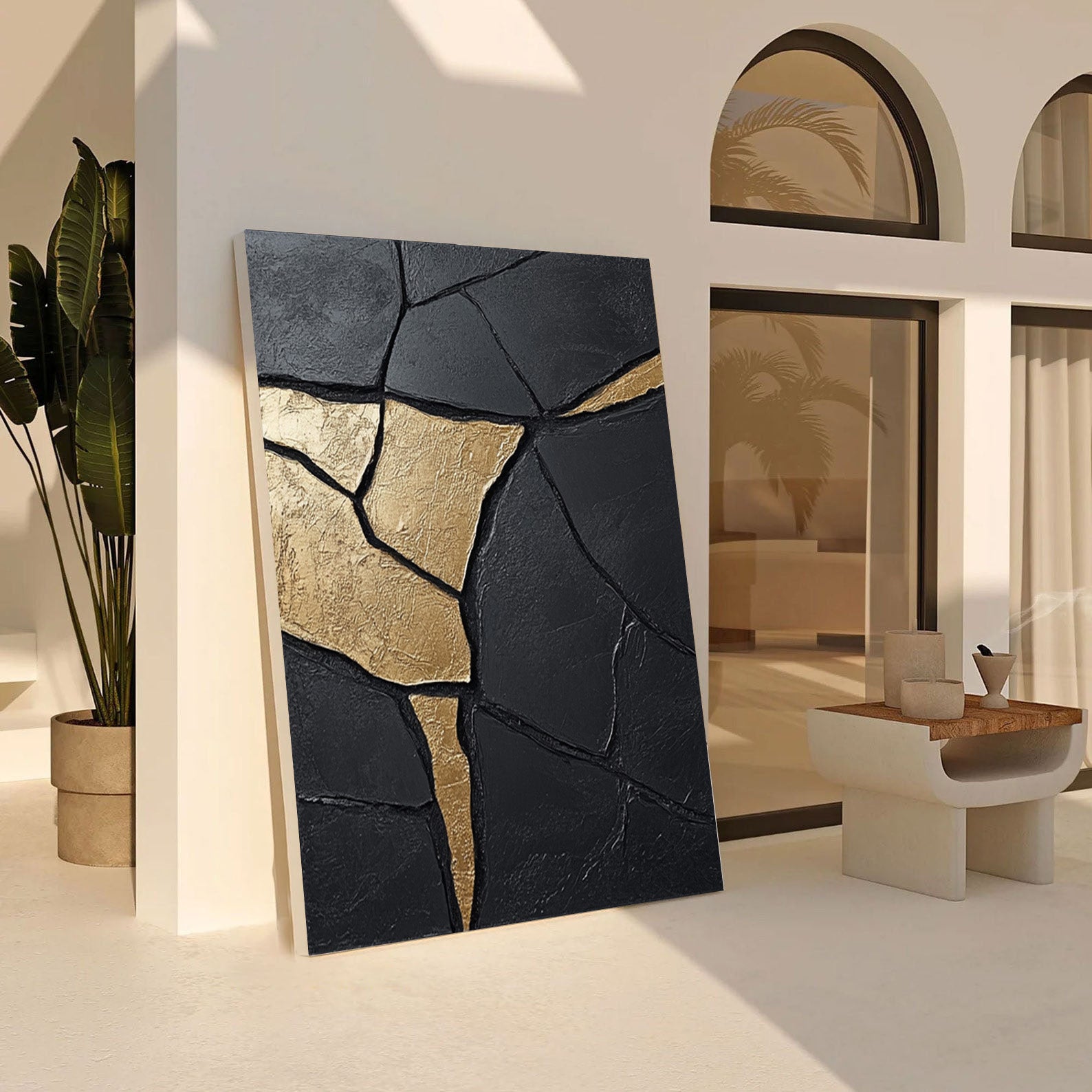 Large Contemporary Black Impasto Art with Organic Gold Shape #BGA 189