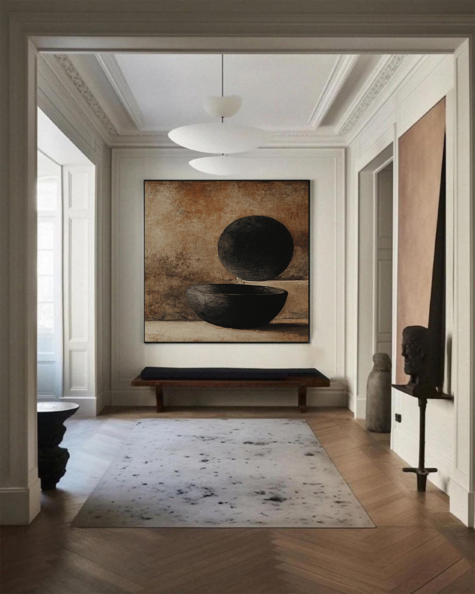 Minimalist Art with Dark Geometric Forms on Textured Canvas #BGA 193