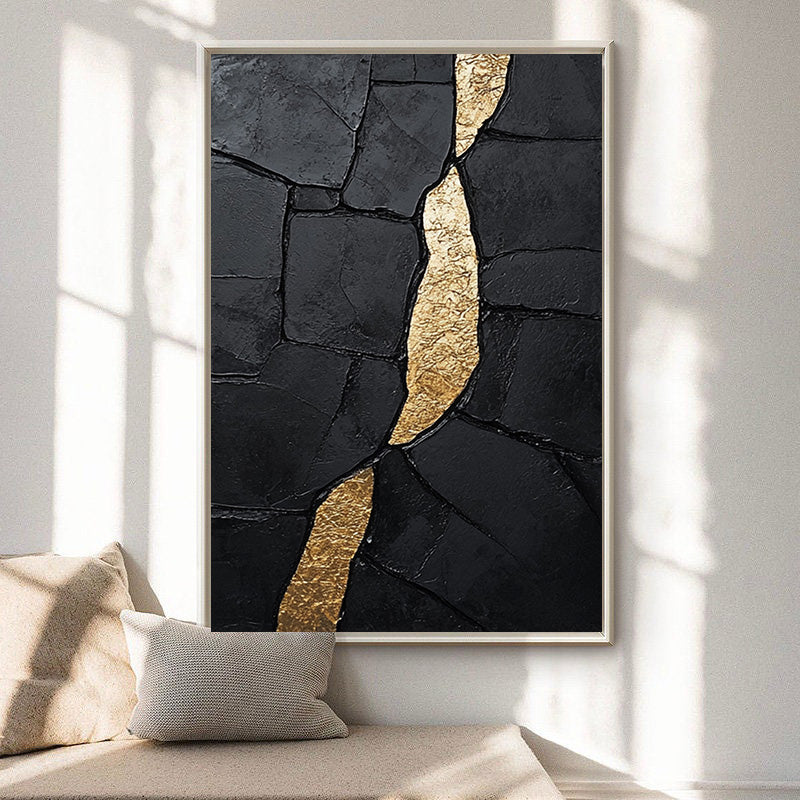 Black Impasto Canvas with Striking Vertical Organic Gold Shape #BGA 191