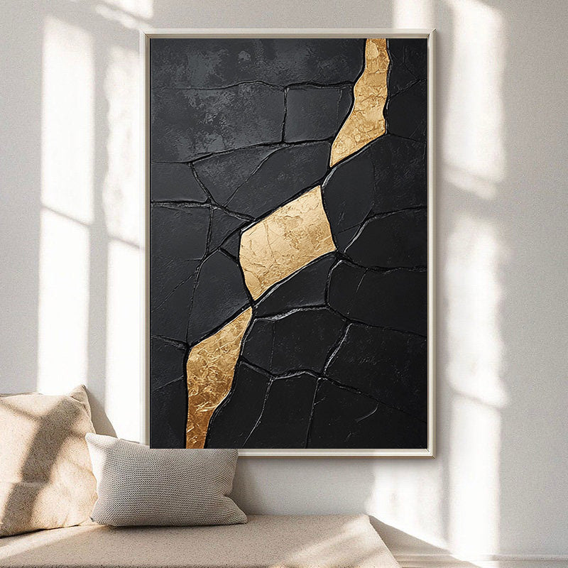 Large Textured Black Abstract with Diagonal Gold Divide #BGA 192