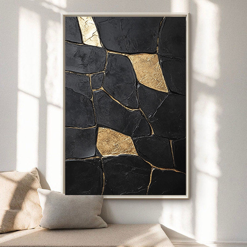 Large Black Impasto Art with Bold Geometric Gold Wall Decor #BGA 188
