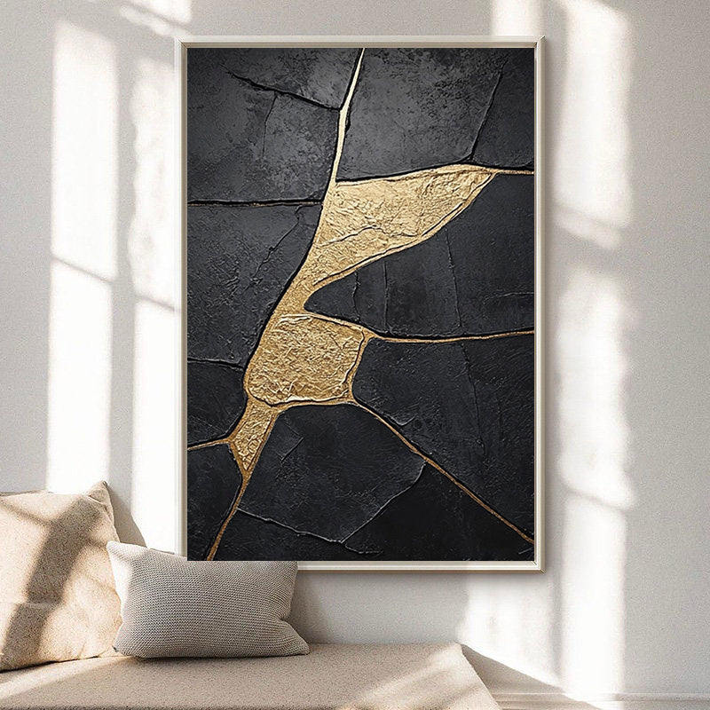 Modern Abstract Canvas with Textured Black and Gold Shapes #BGA 190
