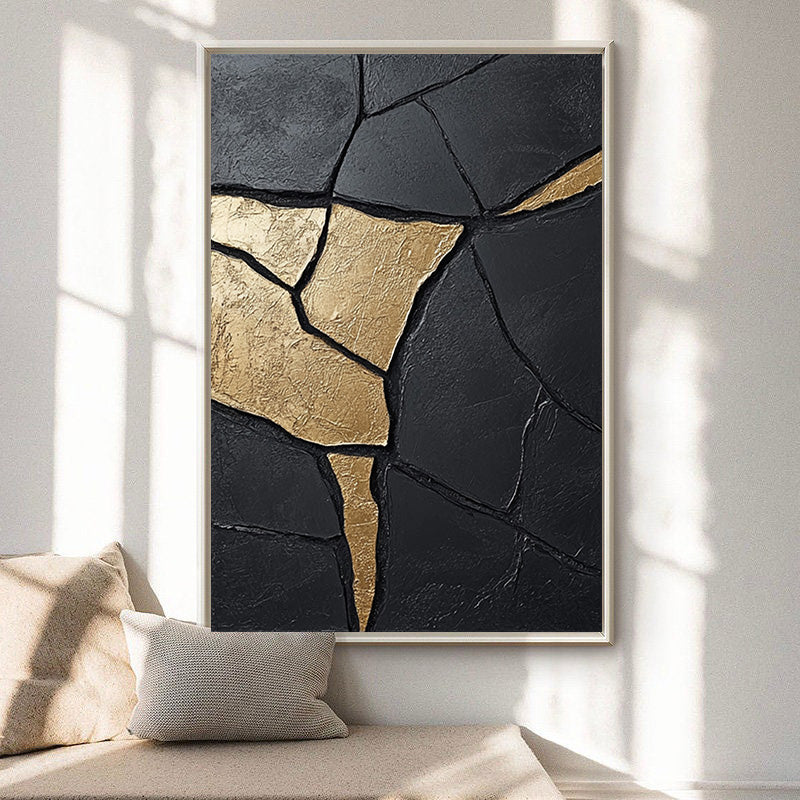 Large Contemporary Black Impasto Art with Organic Gold Shape #BGA 189