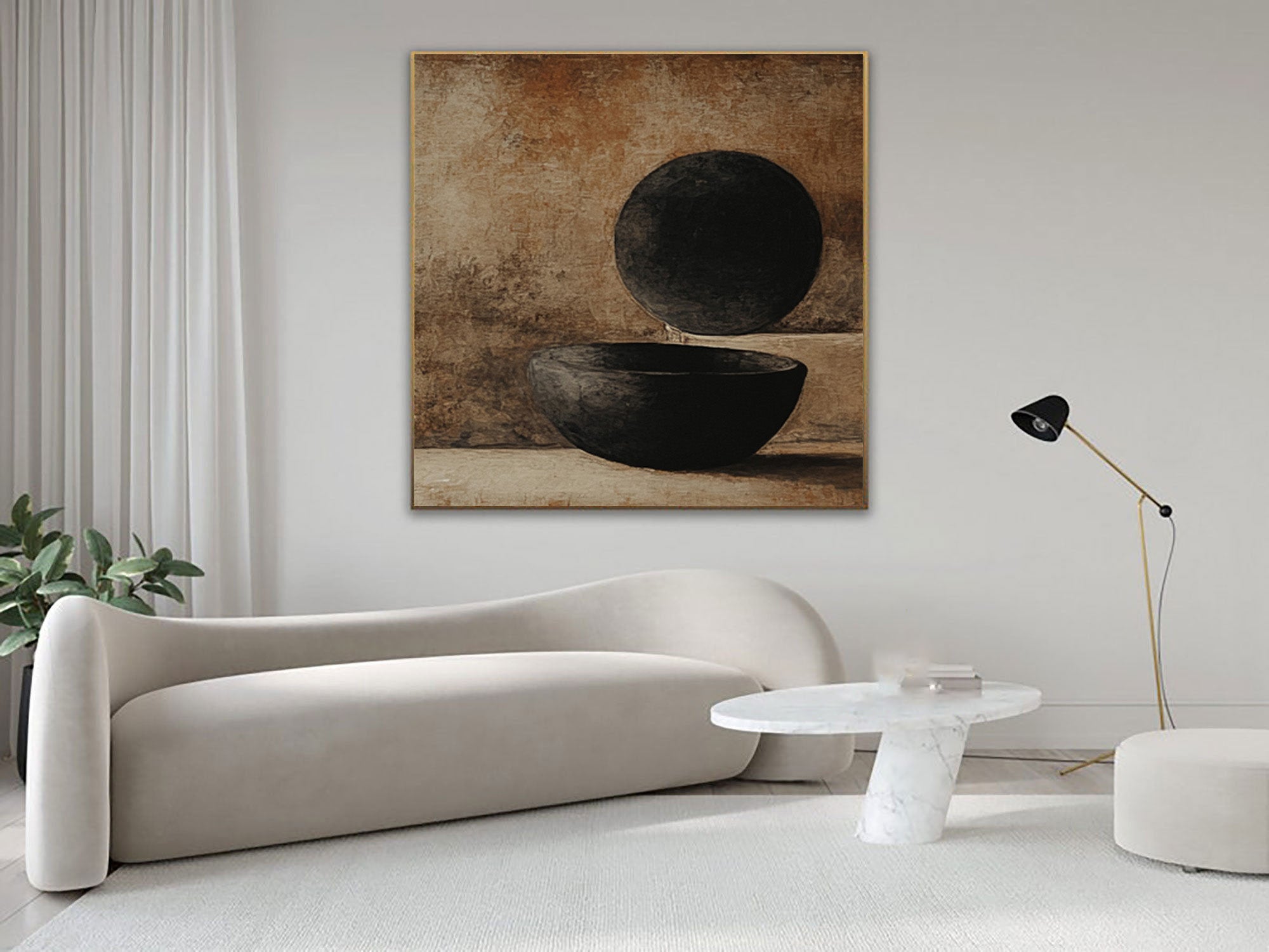 Minimalist Art with Dark Geometric Forms on Textured Canvas #BGA 193