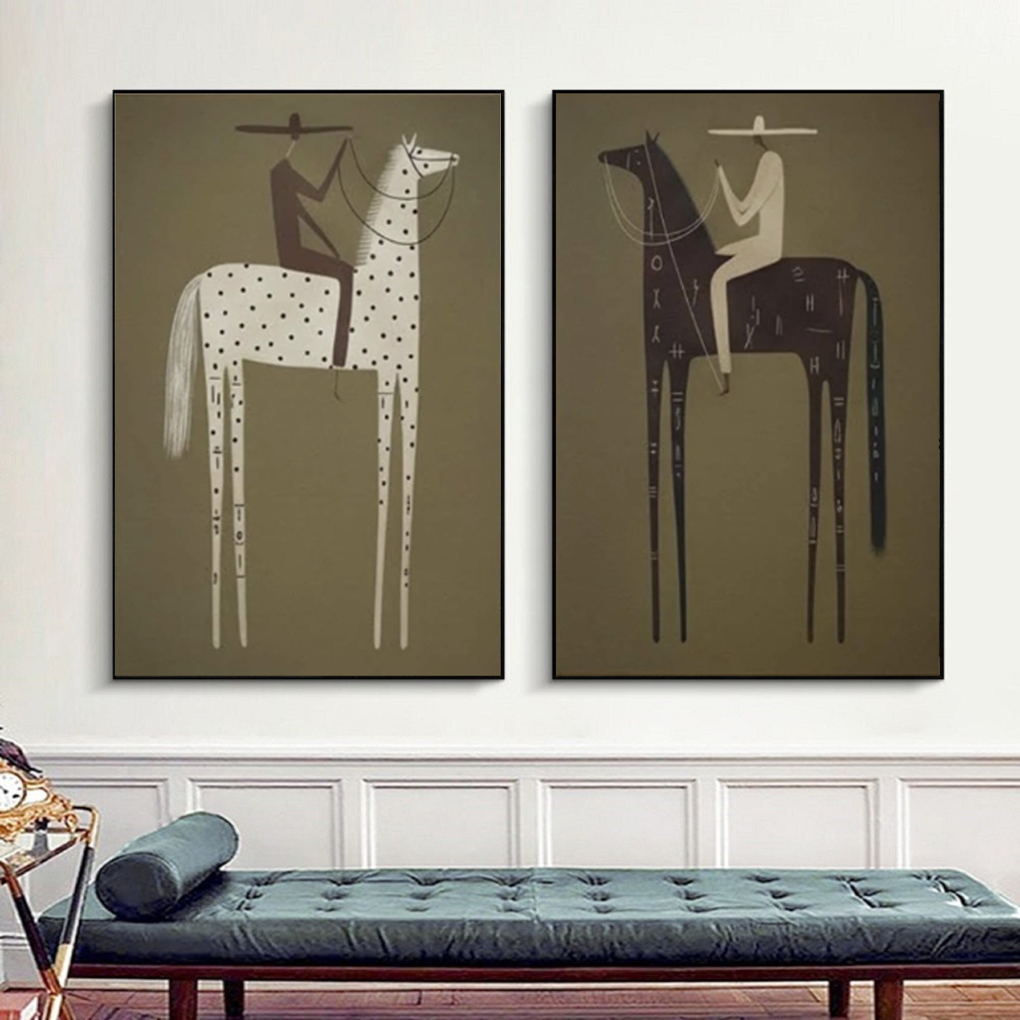 Large Tribal Horse Rider Wall Art Contemporary Abstract Equestrian Diptych