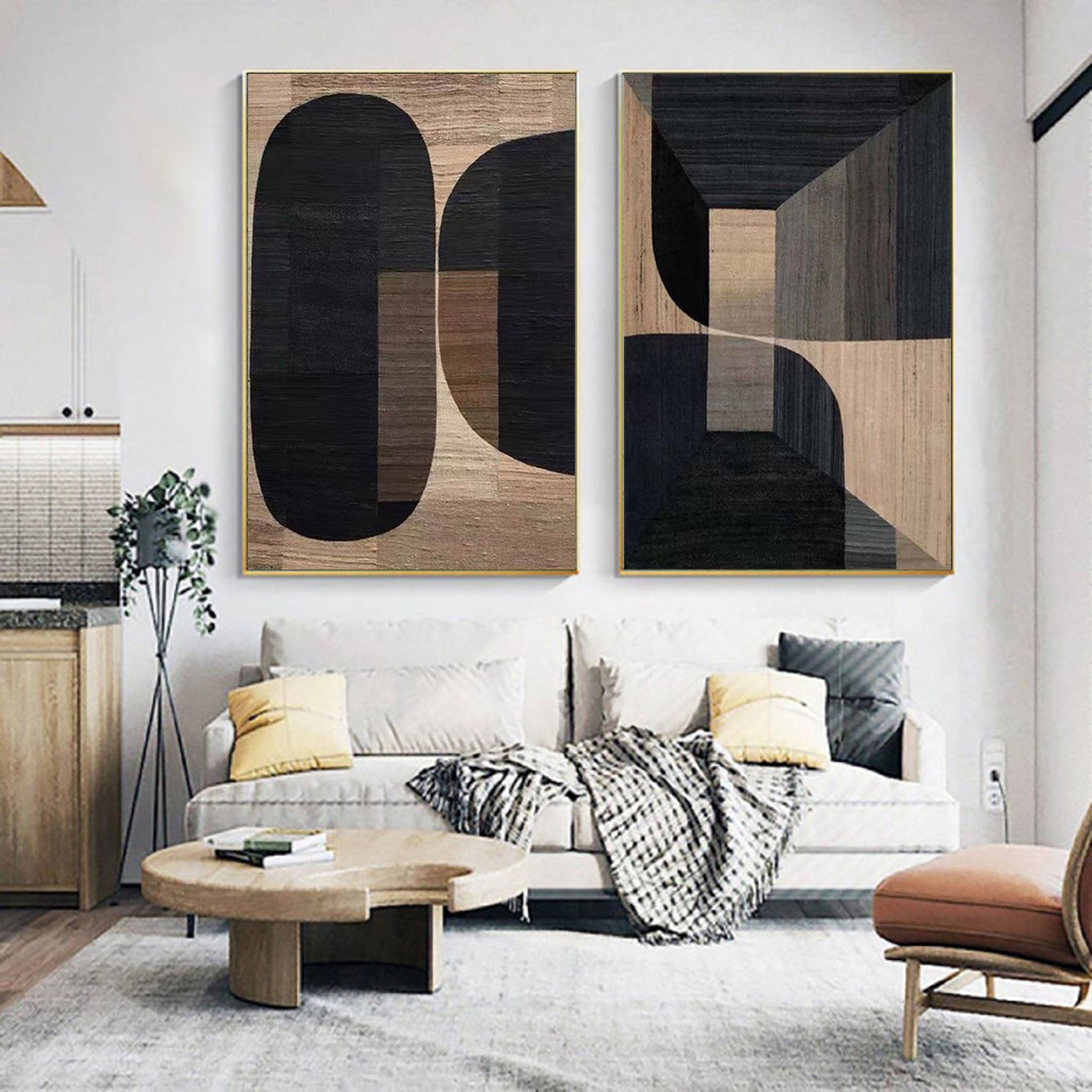Beige & Brown Abstract Painting SET OF 2 #LL 003