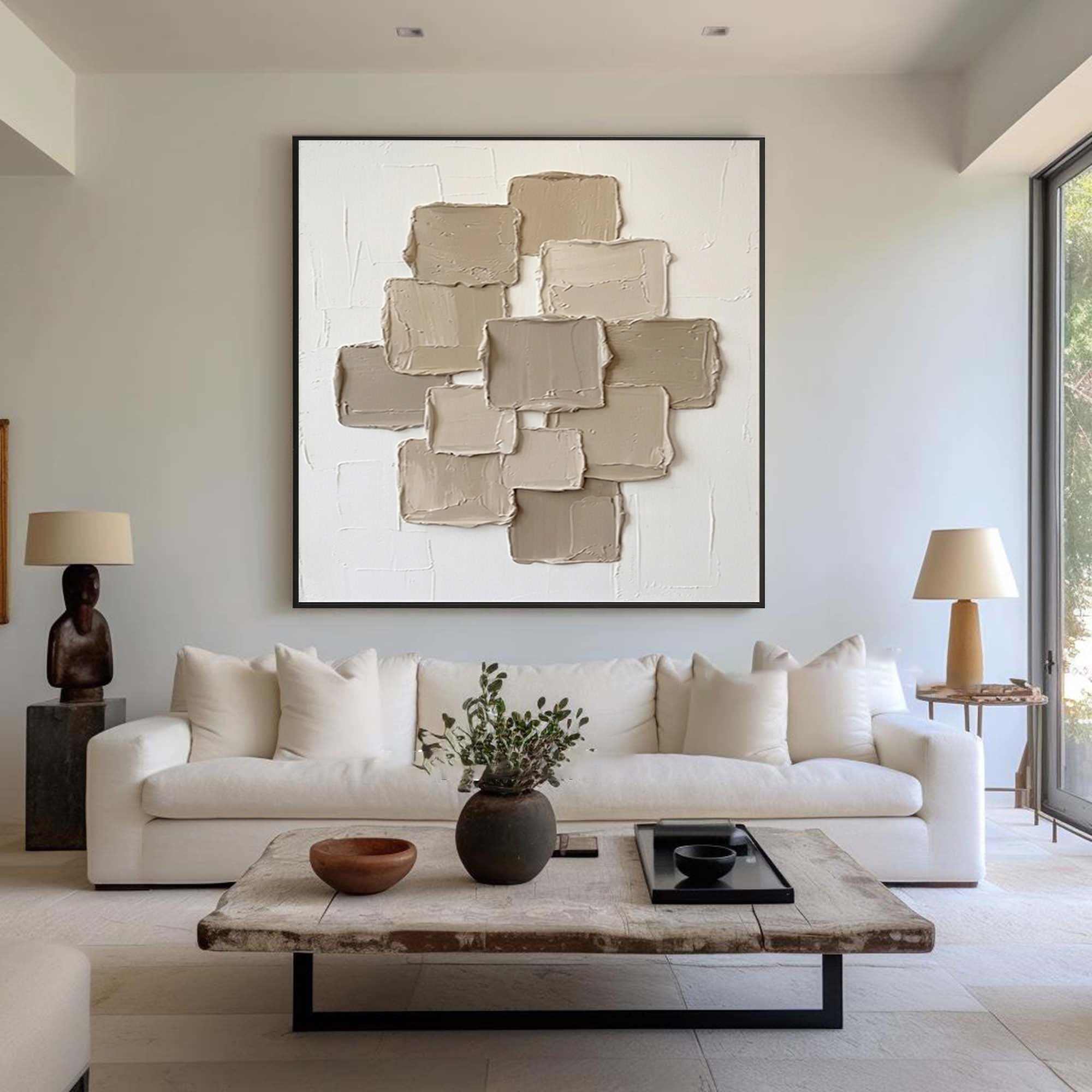 Large Layered Panel Wall Art Contemporary Neutral Textured Canvas Painting