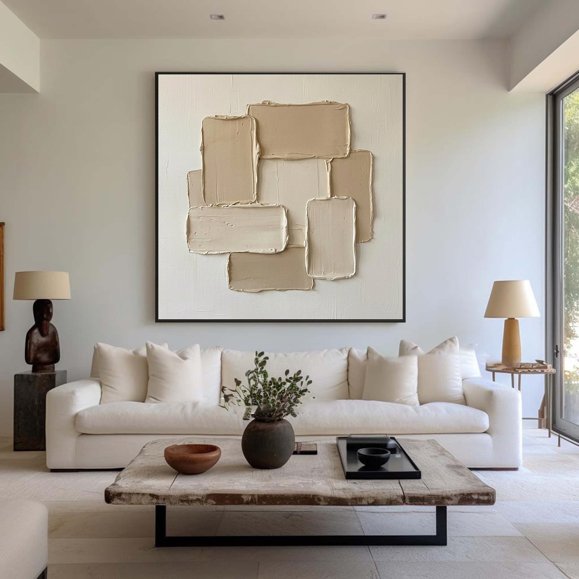 Large Neutral Geometric Oil Painting with Heavy Texture for Modern Wall Decor