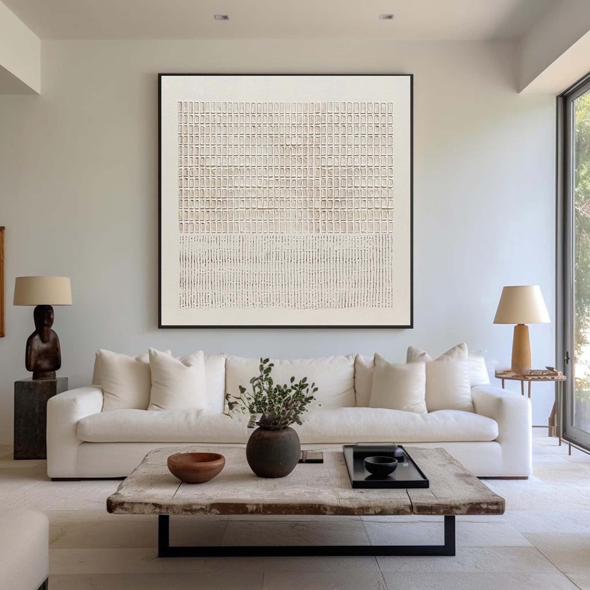 Large Contemporary Abstract Oil Painting, Beige Grid Textured Art for Modern Interior #WAB 018