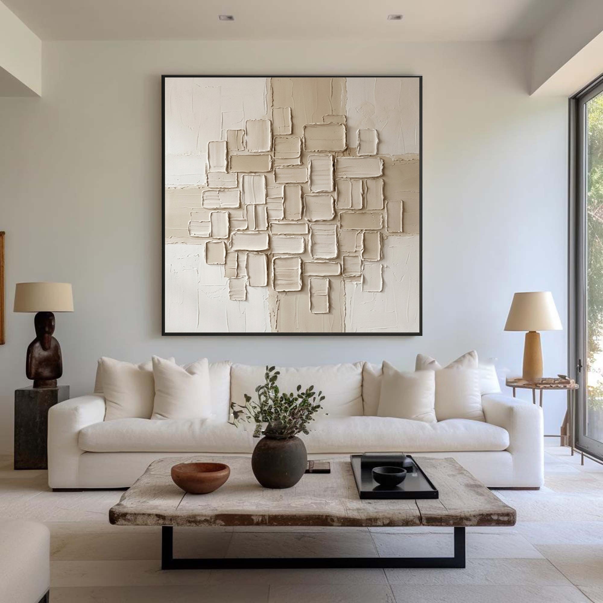 Large Cubic Relief Wall Art Contemporary Neutral Sculptural Texture Canvas Painting