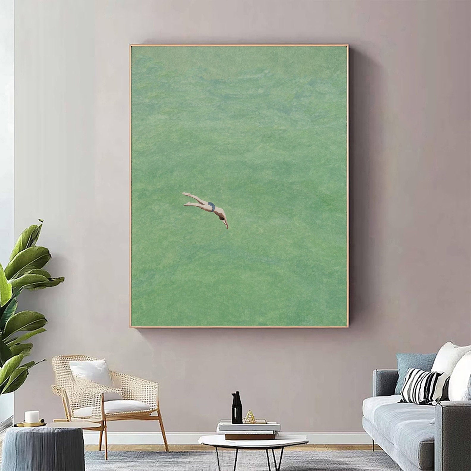 Contemporary Painting of a Diver Entering Clear Green Water #BGA 282