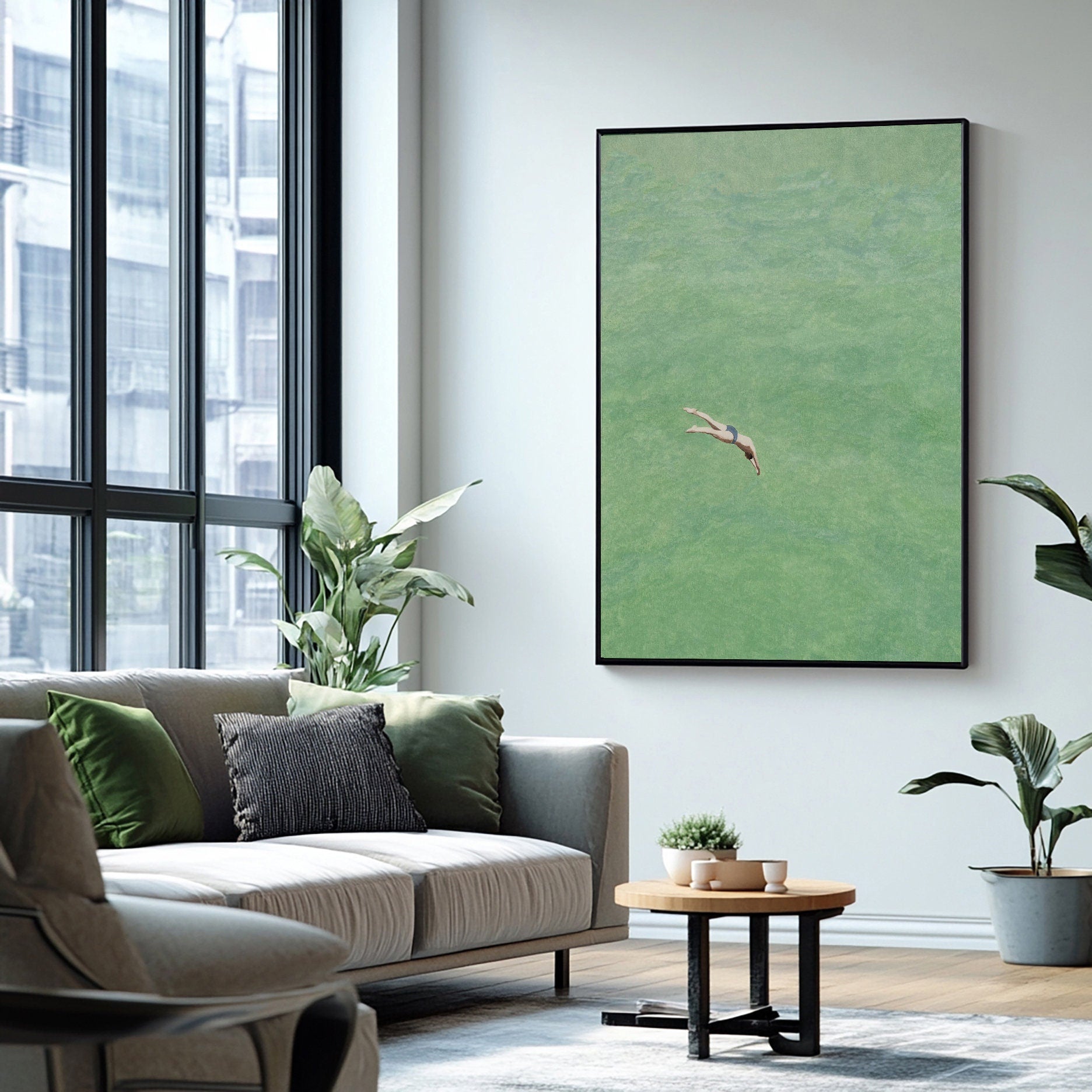 Contemporary Painting of a Diver Entering Clear Green Water #BGA 282