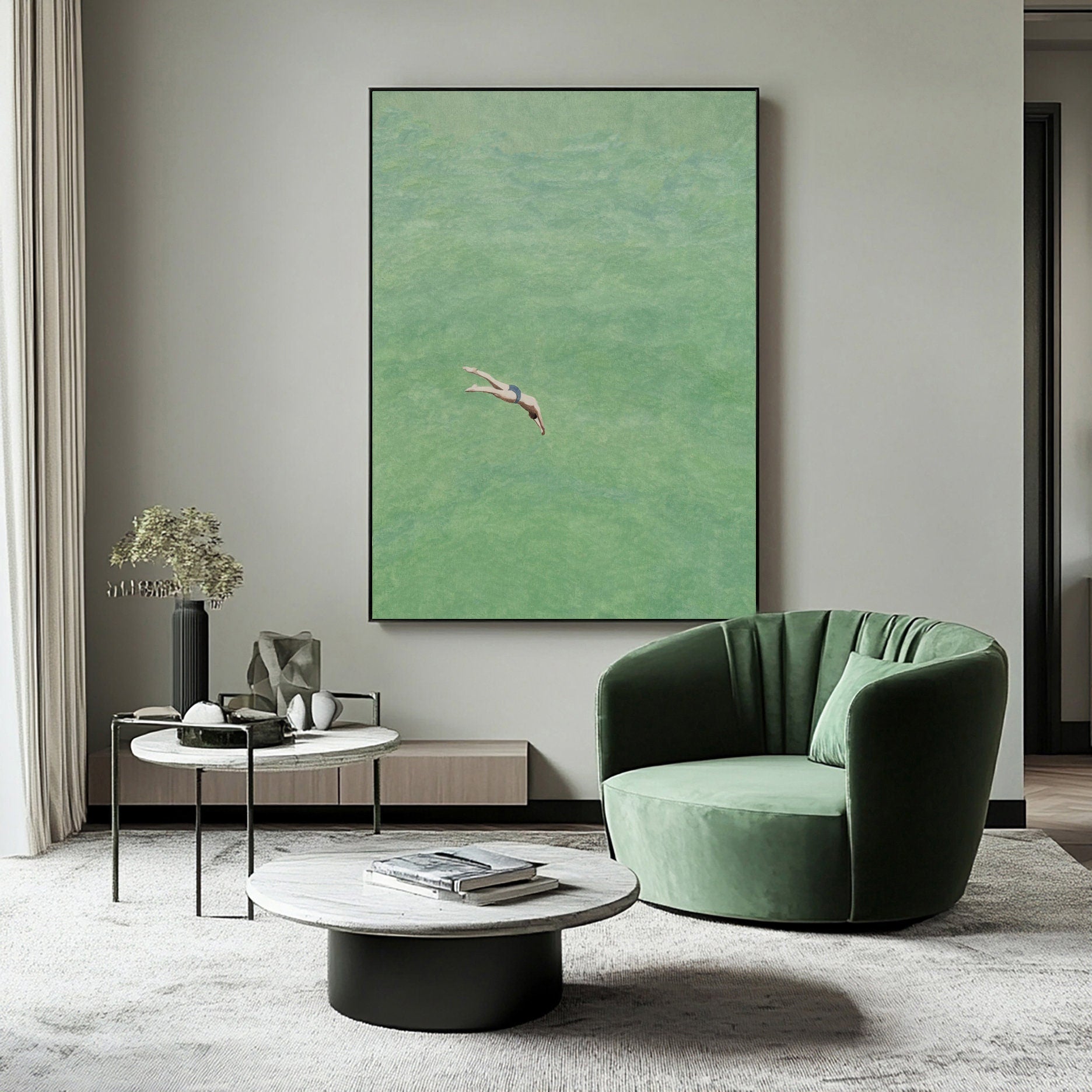 Contemporary Painting of a Diver Entering Clear Green Water #BGA 282