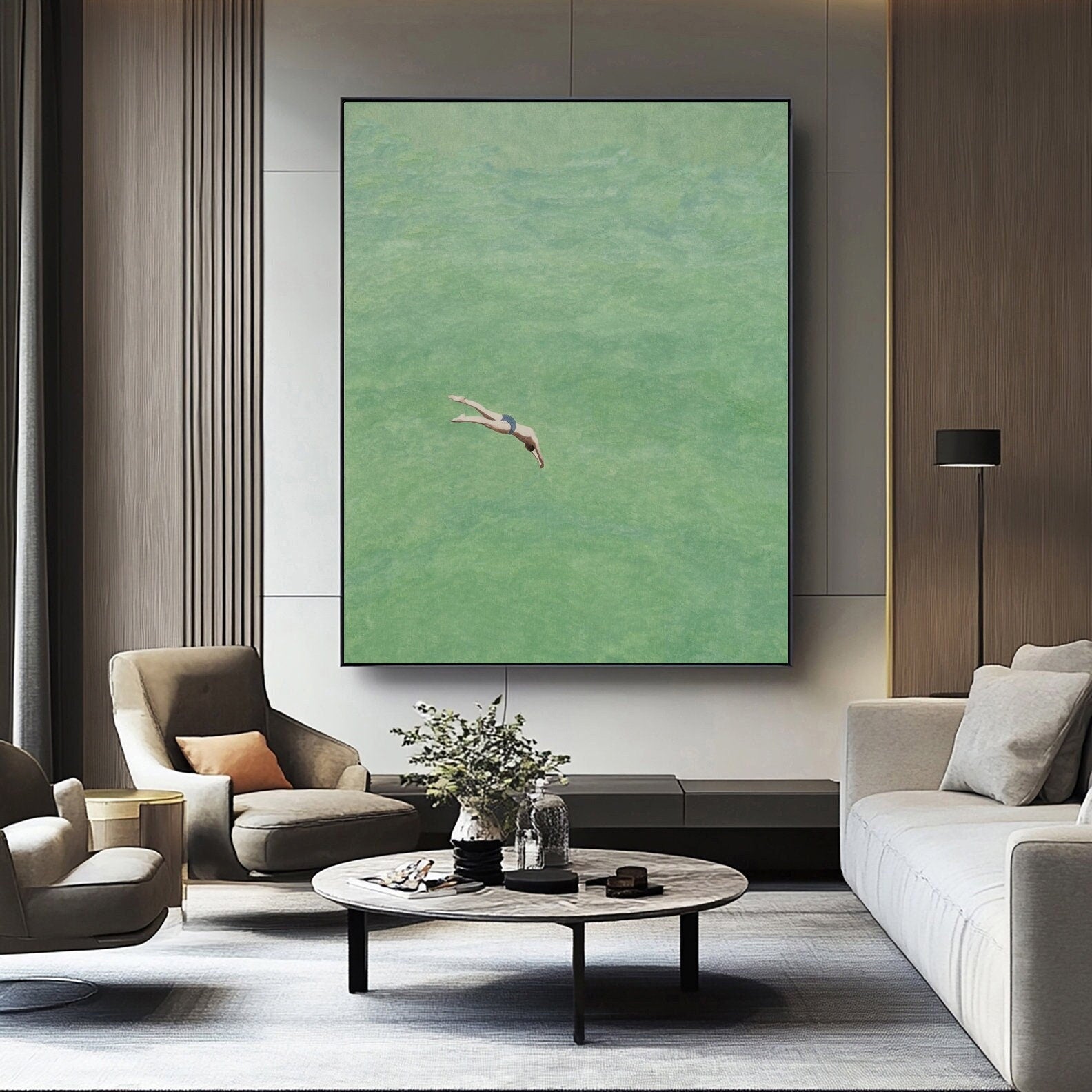 Contemporary Painting of a Diver Entering Clear Green Water #BGA 282