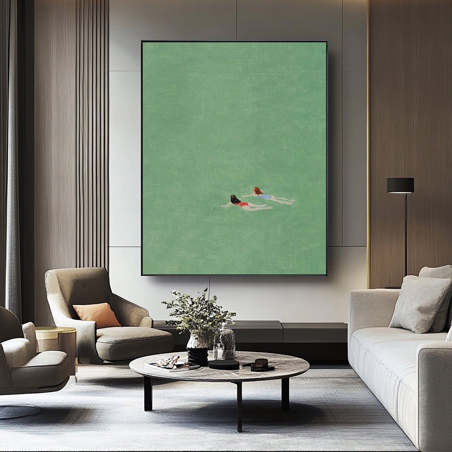 Serene Overhead Depiction of Swimmers in Light Green Water #BGA 288