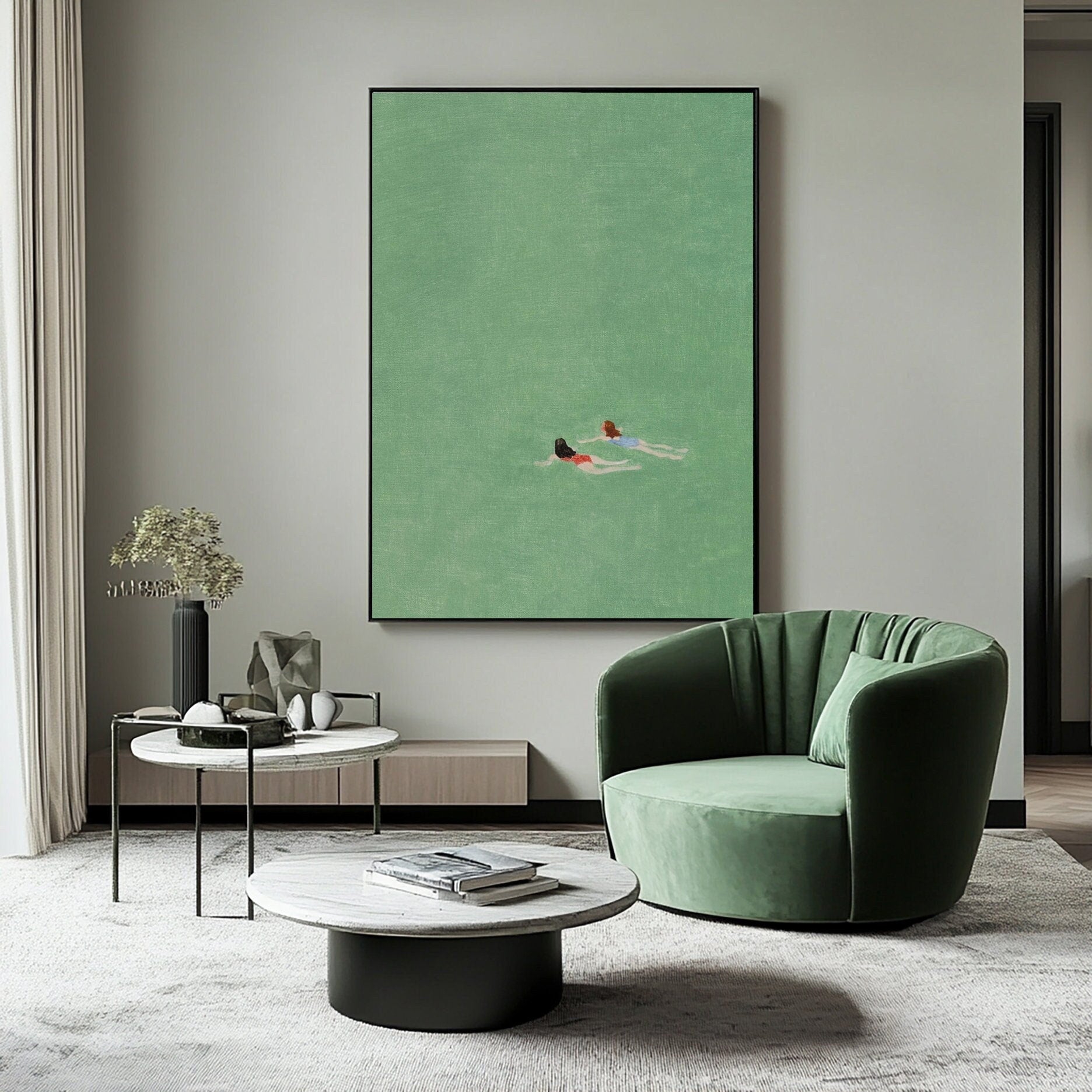 Serene Overhead Depiction of Swimmers in Light Green Water #BGA 288