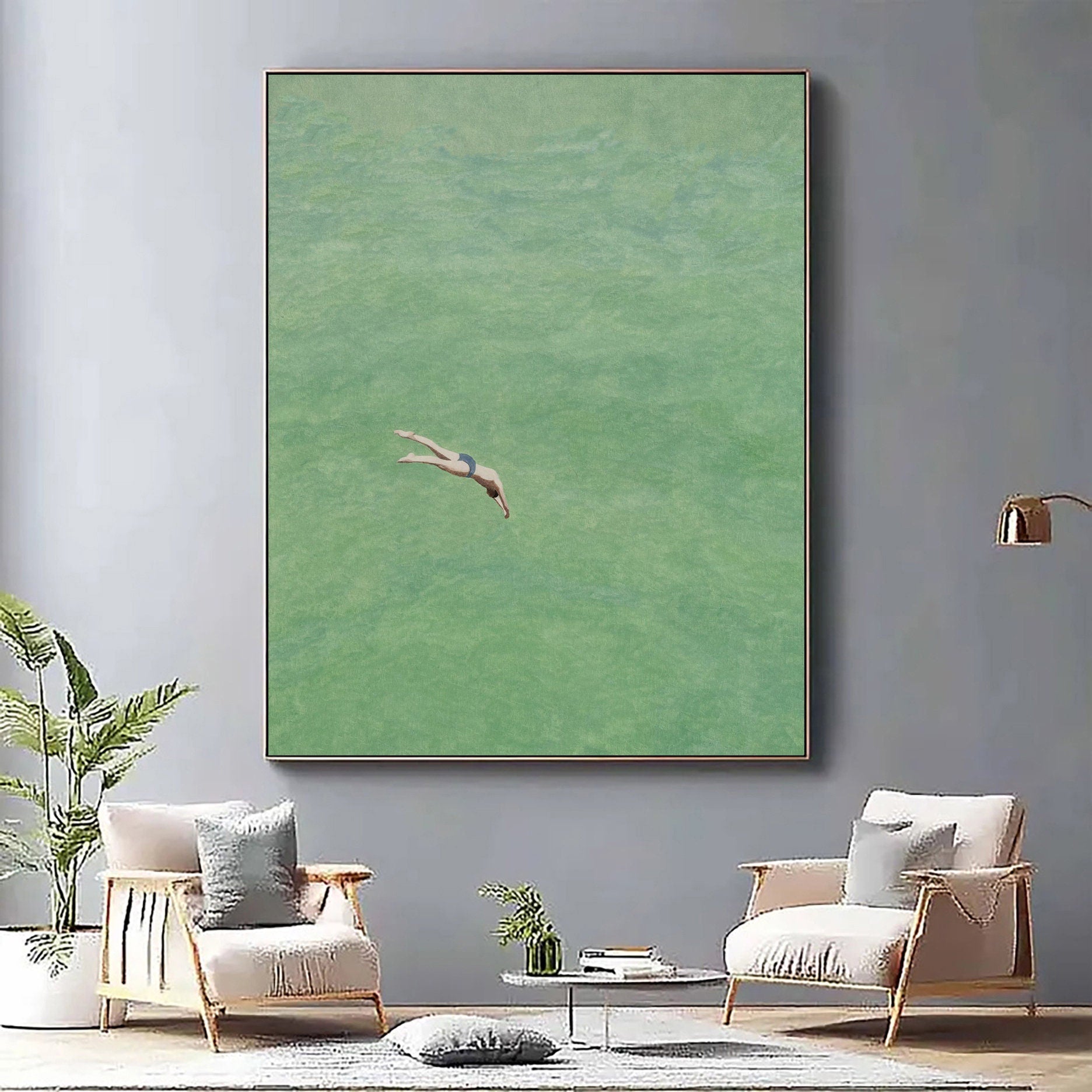 Contemporary Painting of a Diver Entering Clear Green Water #BGA 282