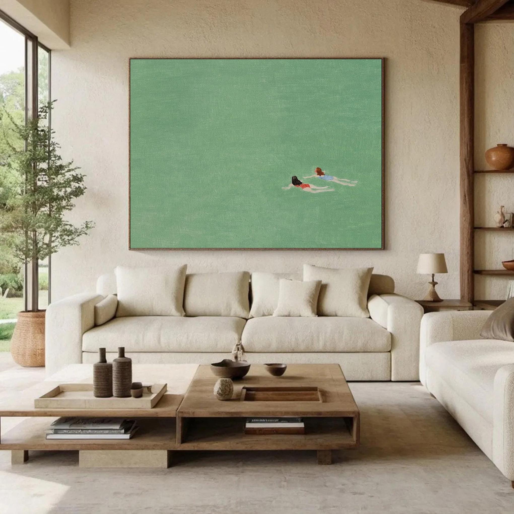 Serene Overhead Depiction of Swimmers in Light Green Water #BGA 288
