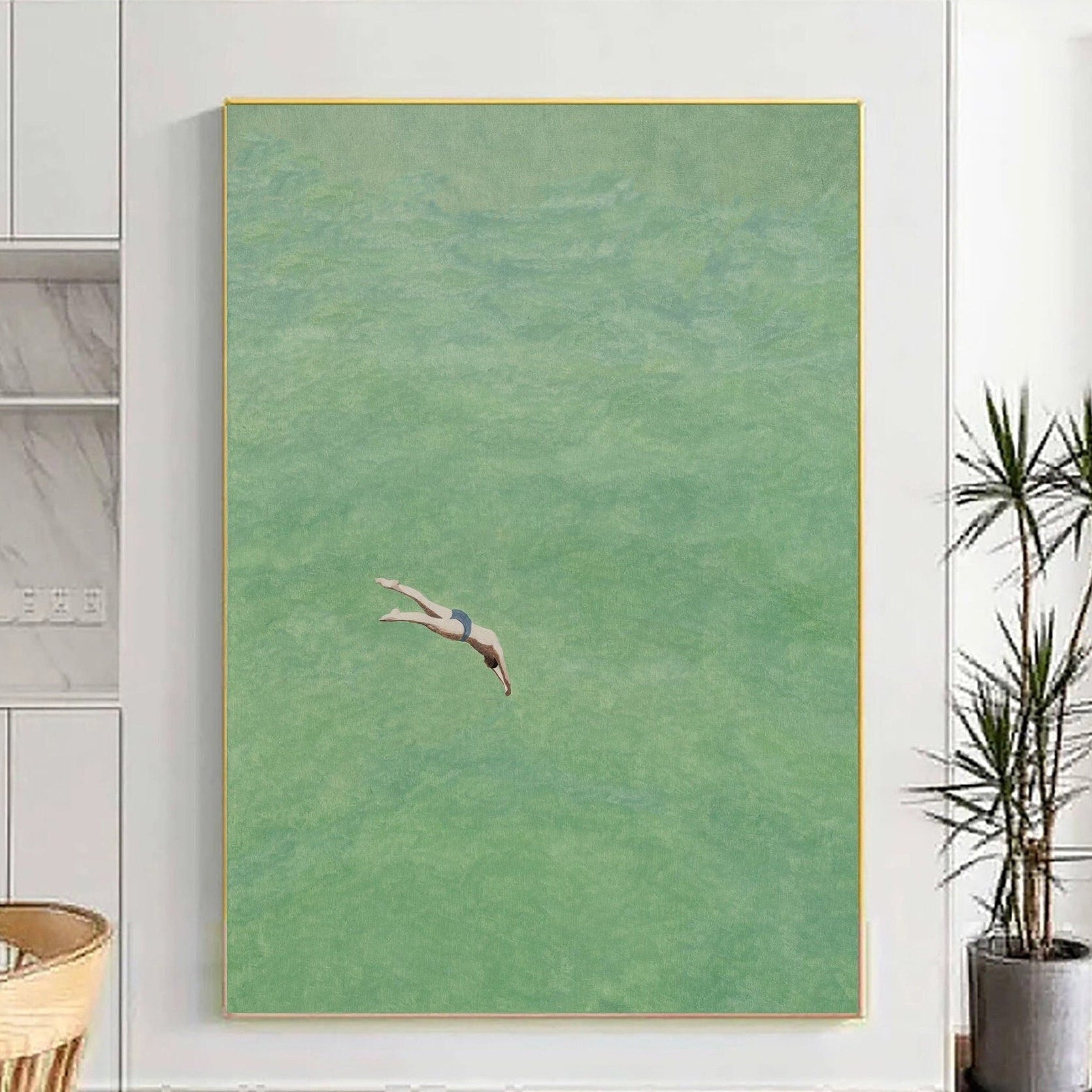 Contemporary Painting of a Diver Entering Clear Green Water #BGA 282