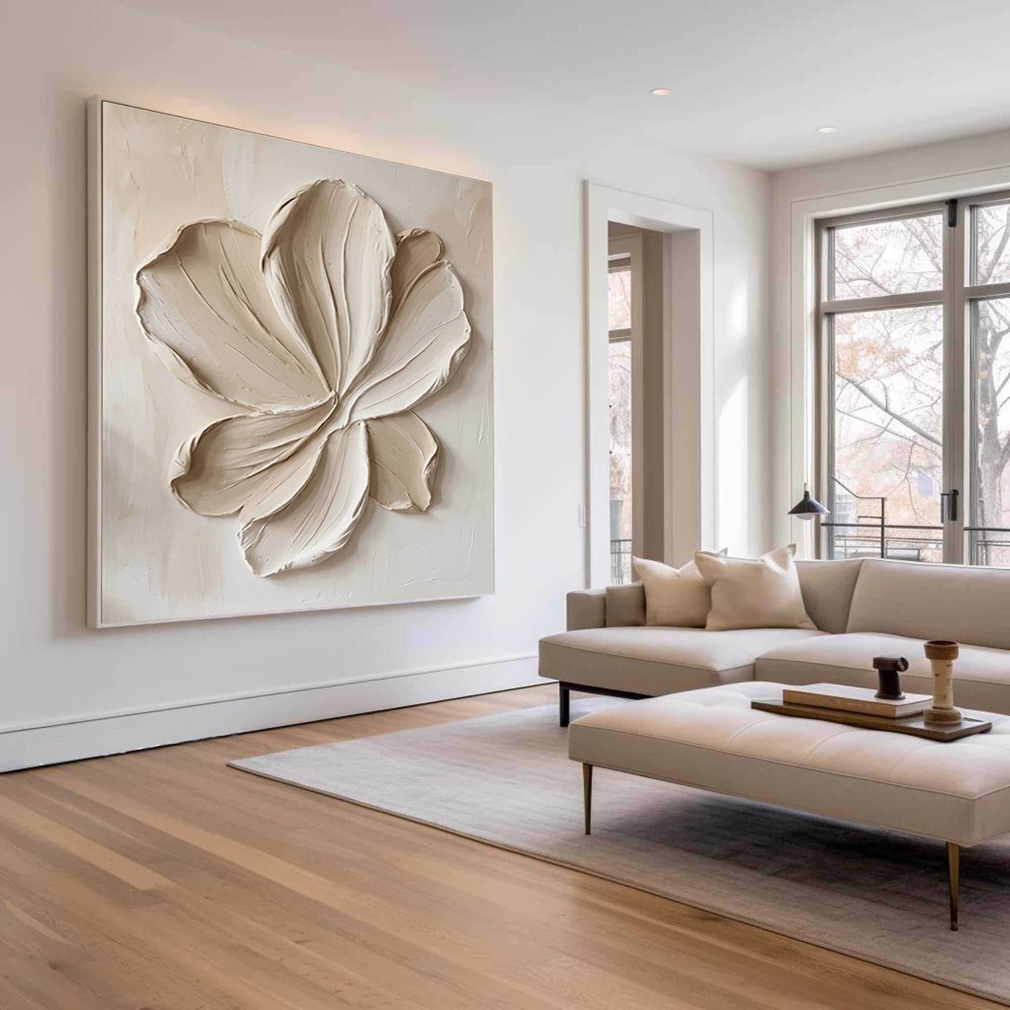 Large Botanical Relief Wall Art Contemporary Neutral Floral Canvas Painting