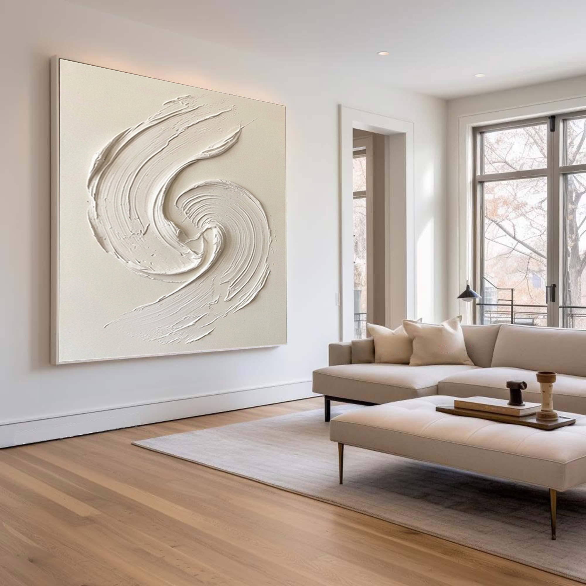 Large White Textured Spiral Wall Art Hand Painted Modern Canvas