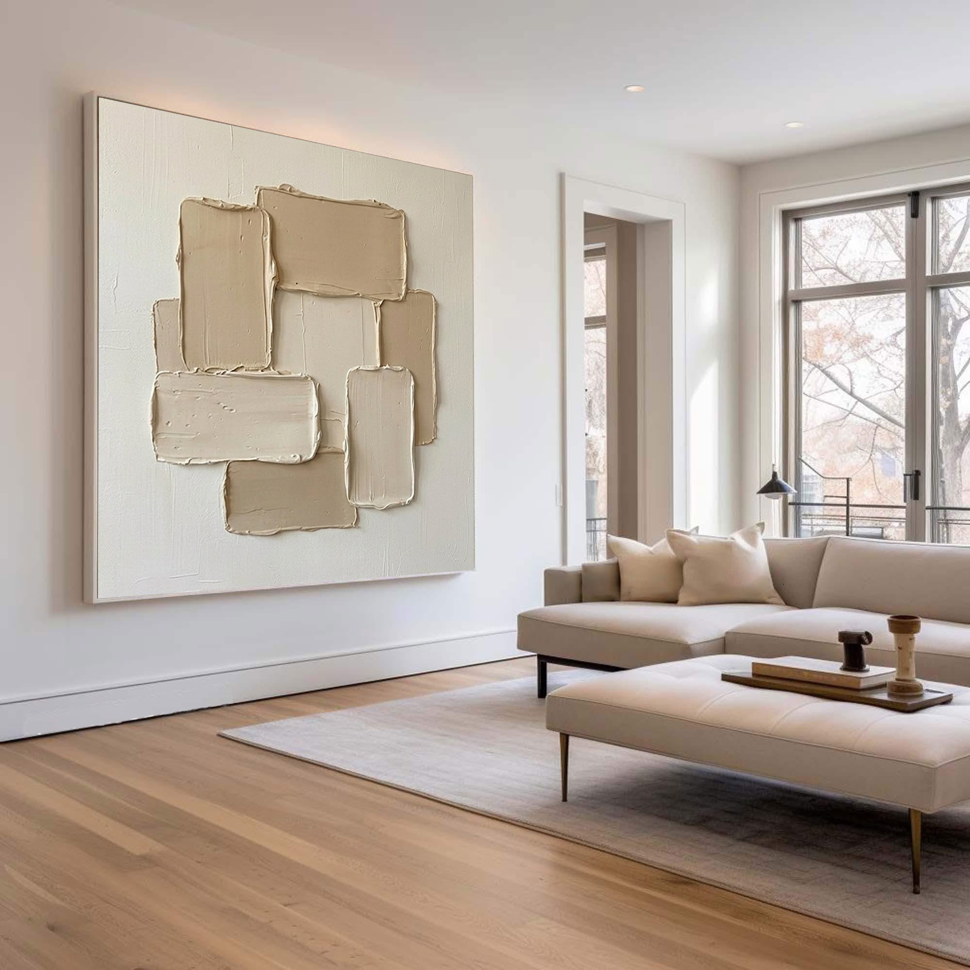 Large Neutral Geometric Oil Painting with Heavy Texture for Modern Wall Decor