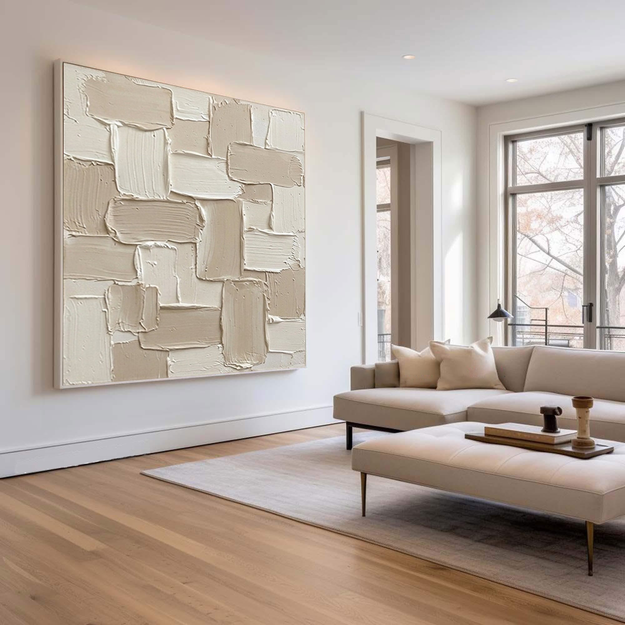 Large Geometric Patch Relief Wall Art Contemporary Neutral Textured Canvas Painting