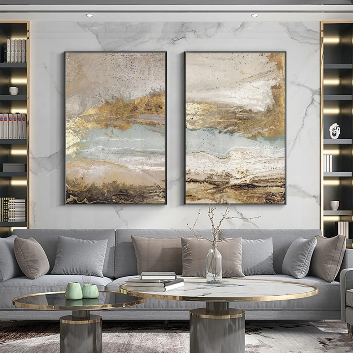 Modern Abstract Landscapes, Neutral Canvas With Gold #BGA 108