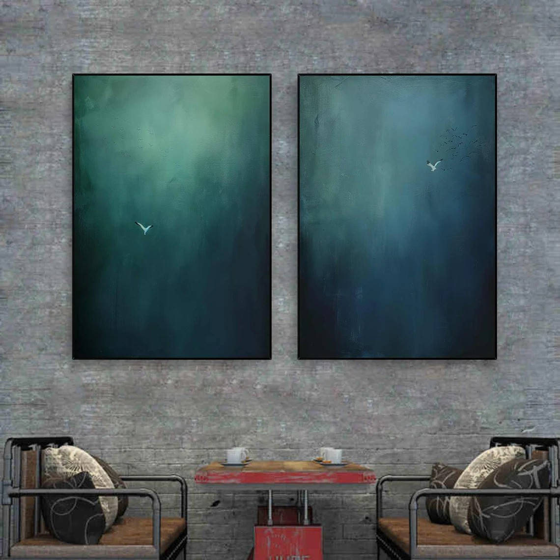 Serene Gradient Landscape Diptych, Minimalist Bird Wall Art #BGA 075
