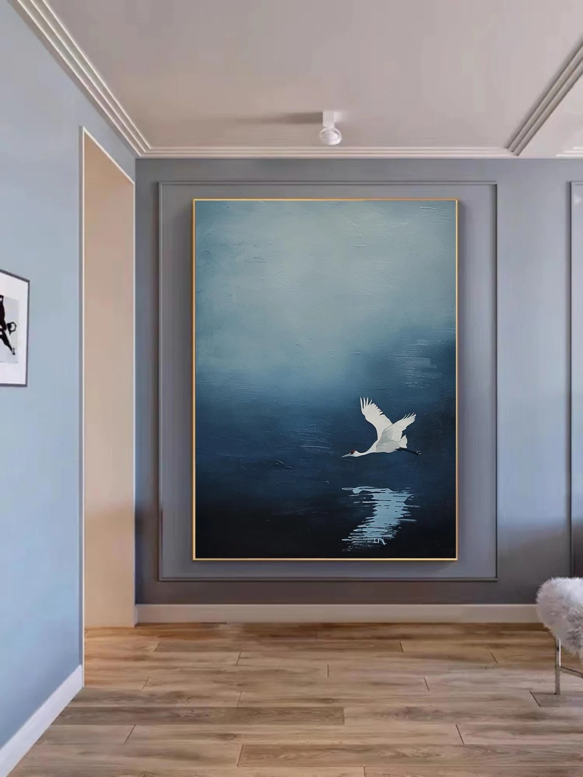 Serene Blue and White Crane Canvas, Minimalist Bird Wall Art #BGA 095