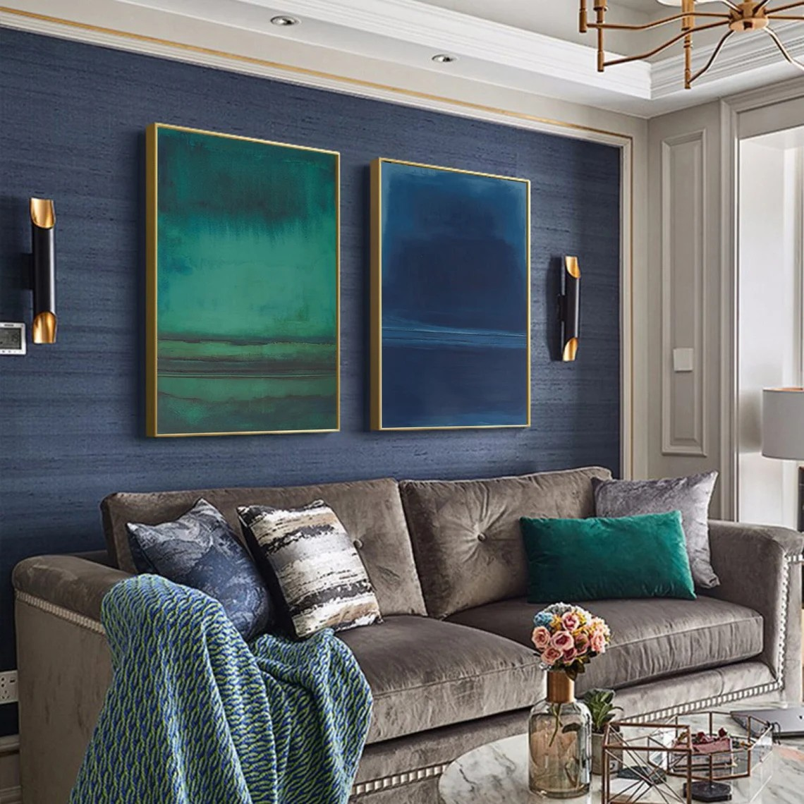 Calming Blue & Green Serene Art Set Of 2, Minimalist Wall Art #BGA 088