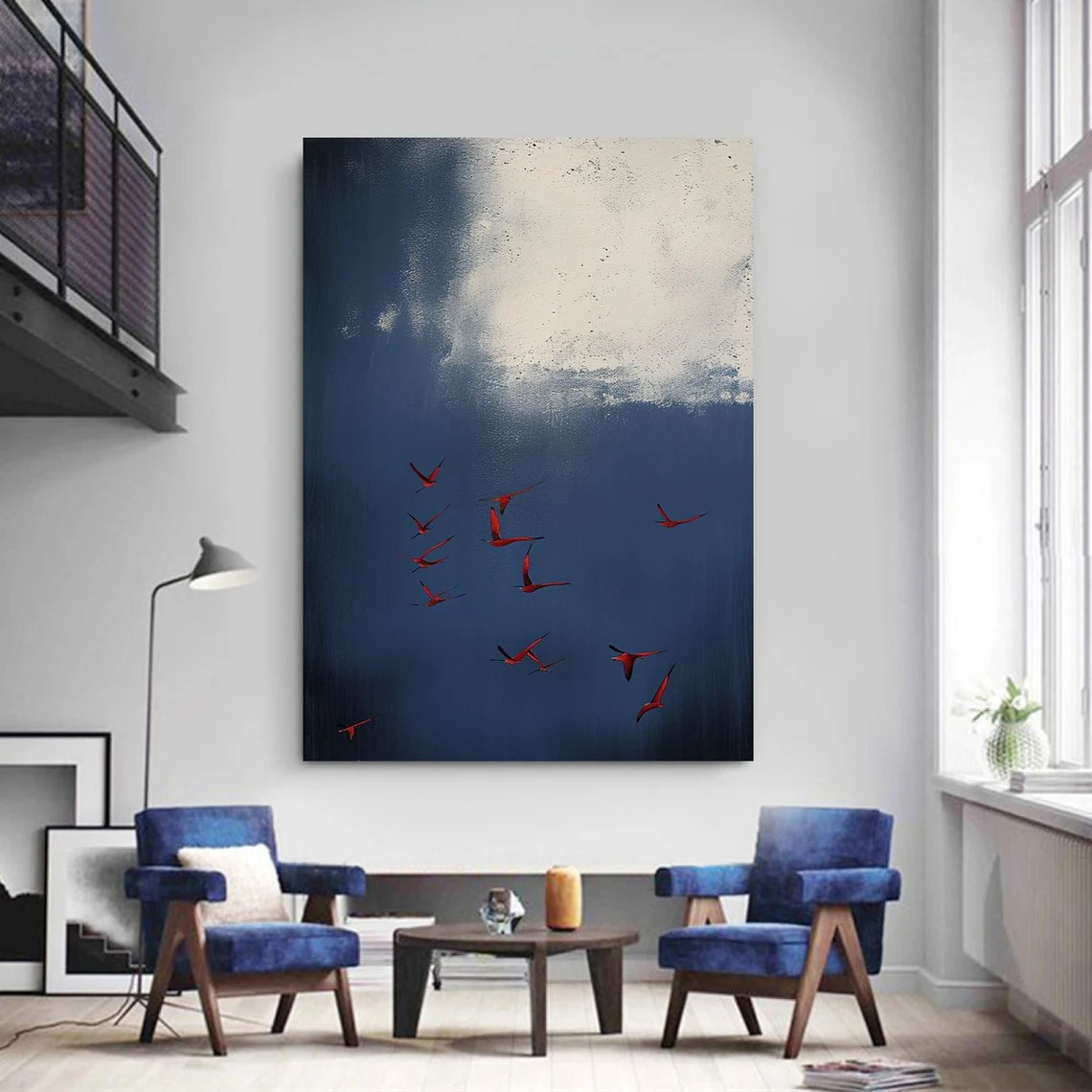 Surreal Blue Sky With Red Birds Canvas, Contemporary Wall Art #BGA 087