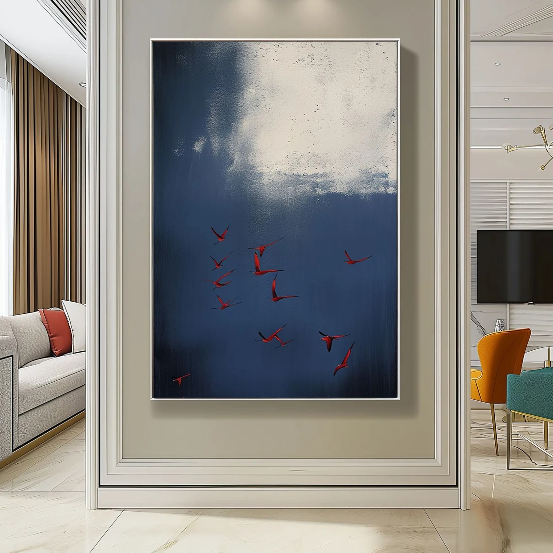 Surreal Blue Sky With Red Birds Canvas, Contemporary Wall Art #BGA 087