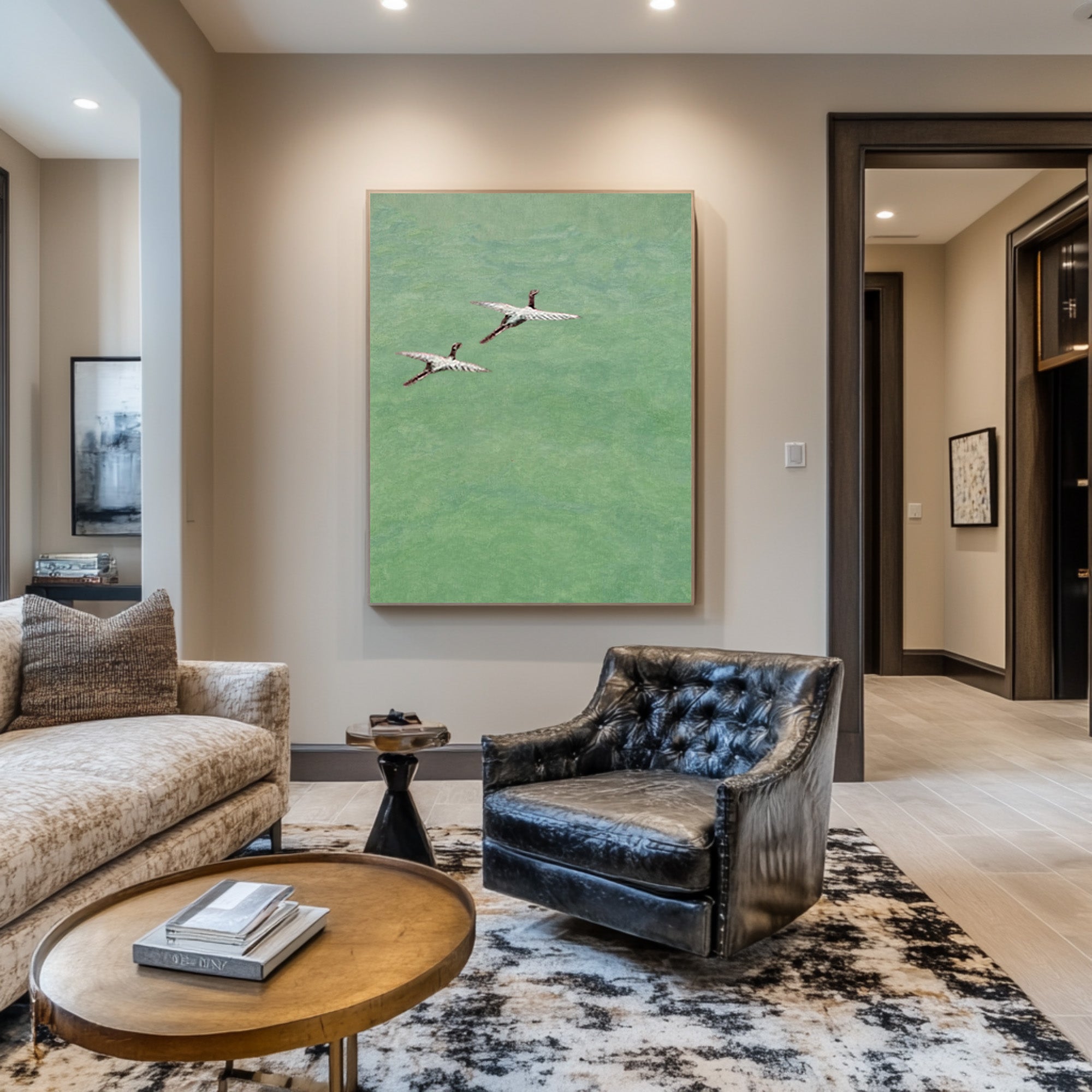 Contemporary Green Abstract Canvas with Flying Birds #WG 084