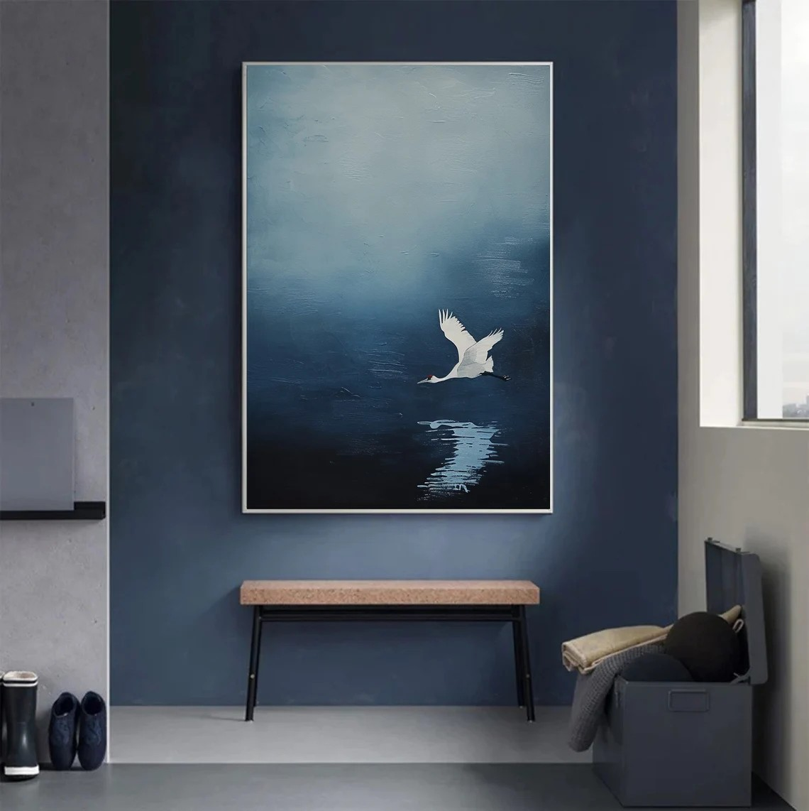 Serene Blue and White Crane Canvas, Minimalist Bird Wall Art #BGA 095