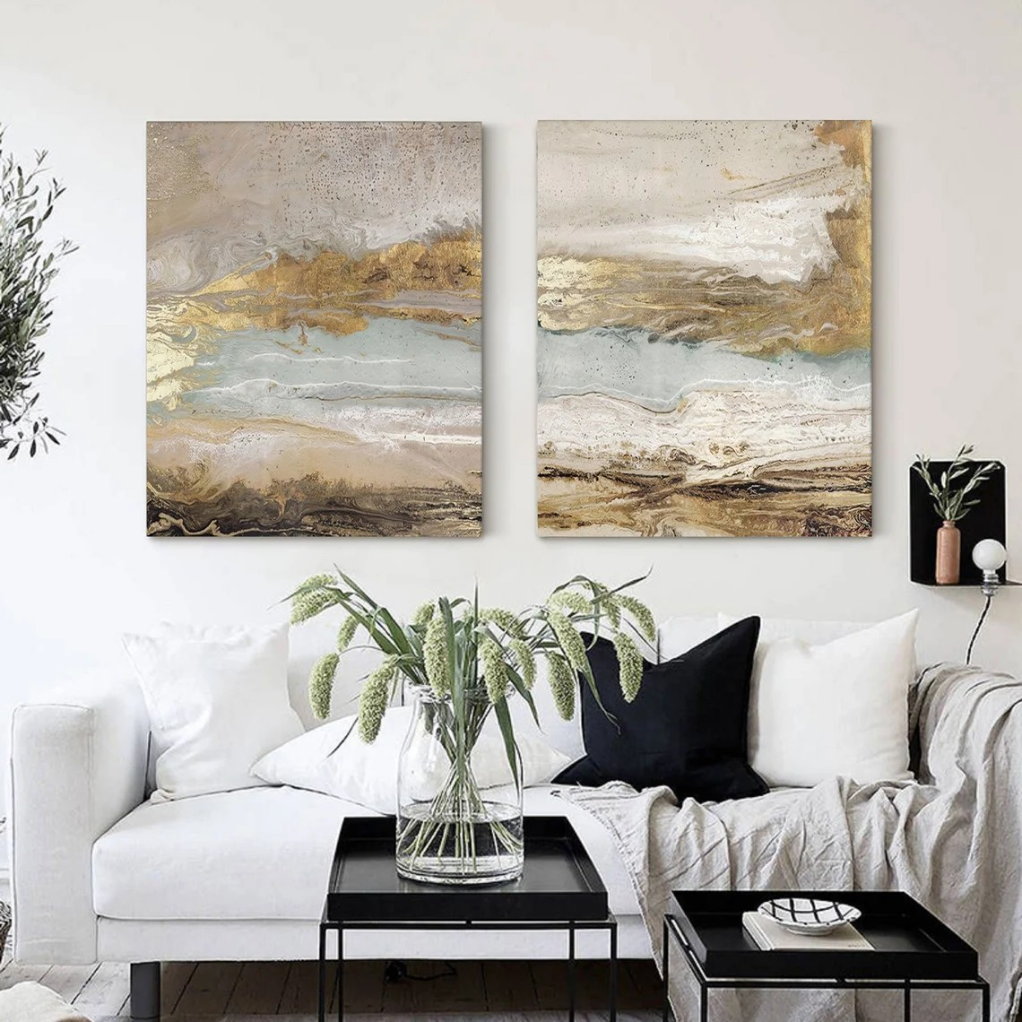 Modern Abstract Landscapes, Neutral Canvas With Gold #BGA 108