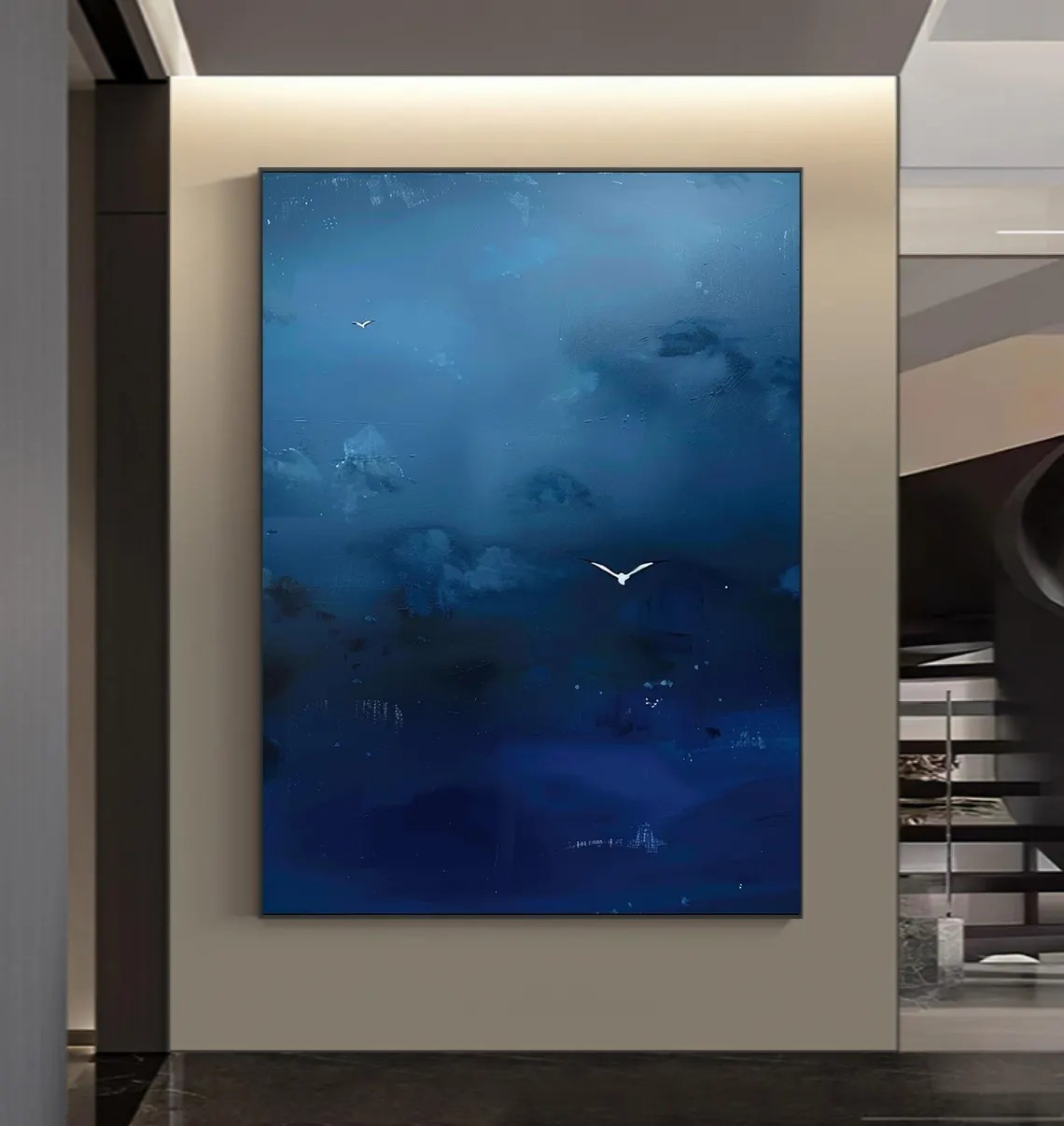 Dark Blue Sky Painting, Birds in Flight, Surrealist Canvas #BGA 093